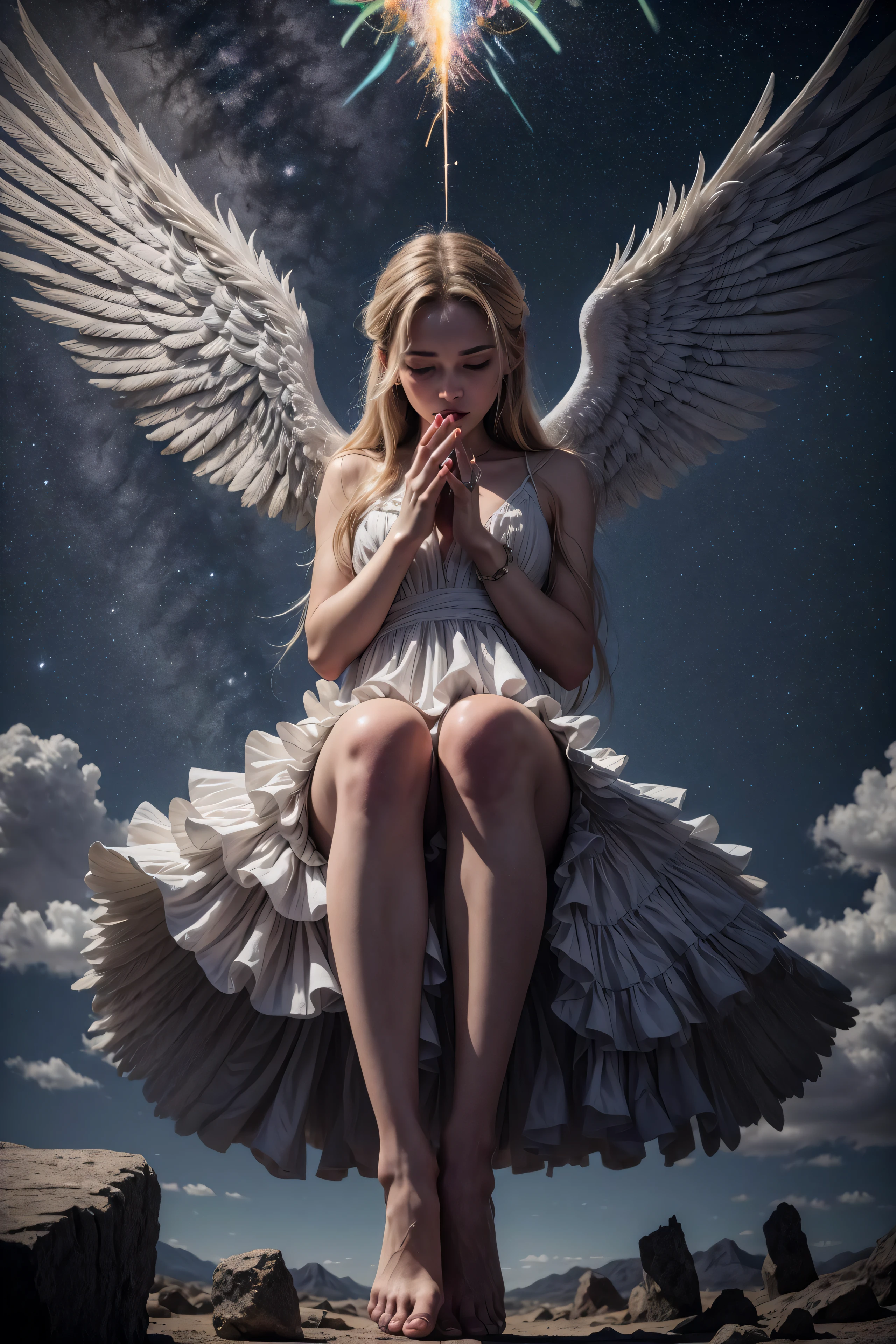 (masterpiece), (best quality:1.4), absurdres, [:intricate details:0.2], angel, angel wings, milky way, sky, shimmering aura, intense focus, crackling energy, mysterious symbols, sparkling motes,