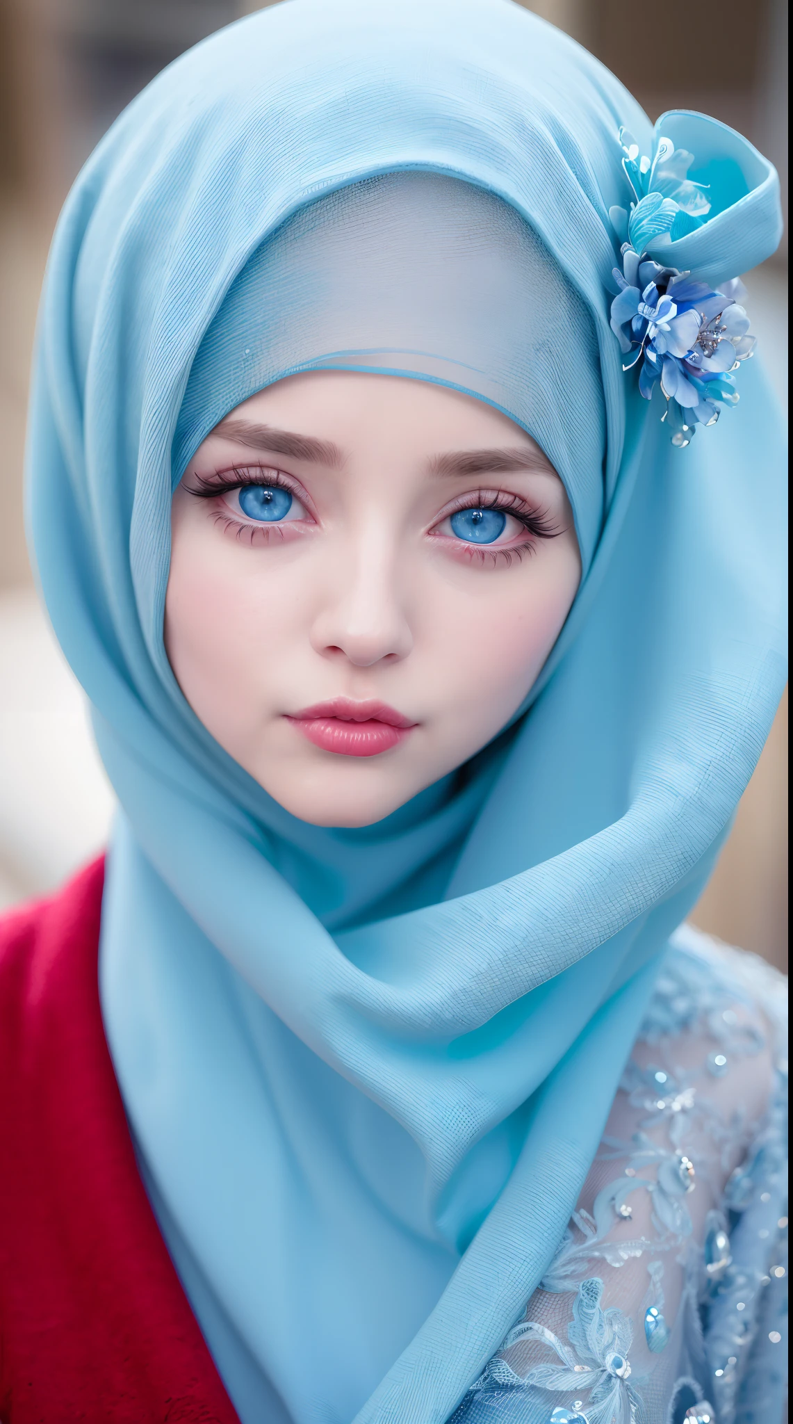 (8k, 4k, best quality, highres, ultra high res:1.1), (masterpiece, realistic, photo-realistic:1.1), 1girl,  face, close-up, blue eyes, red lips,  (looking at viewer:2), long hijab, long eyelashes, eyeshadow,  small face, big eyes, covered clothes
high contrast,