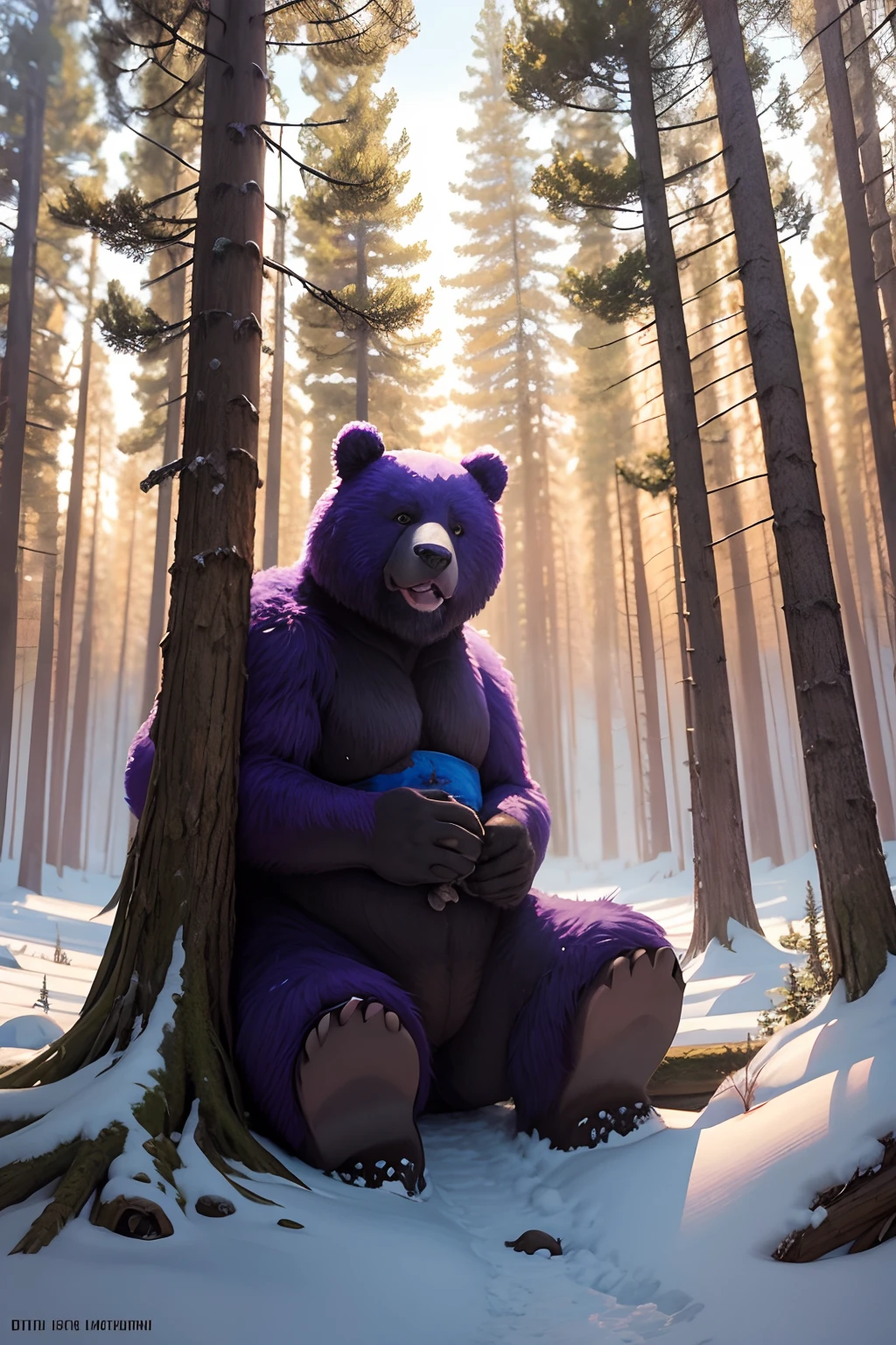 A painting in the style of Ivan Shishkin's "Morning in a Pine Forest", with purple monster bears climbing through the trees