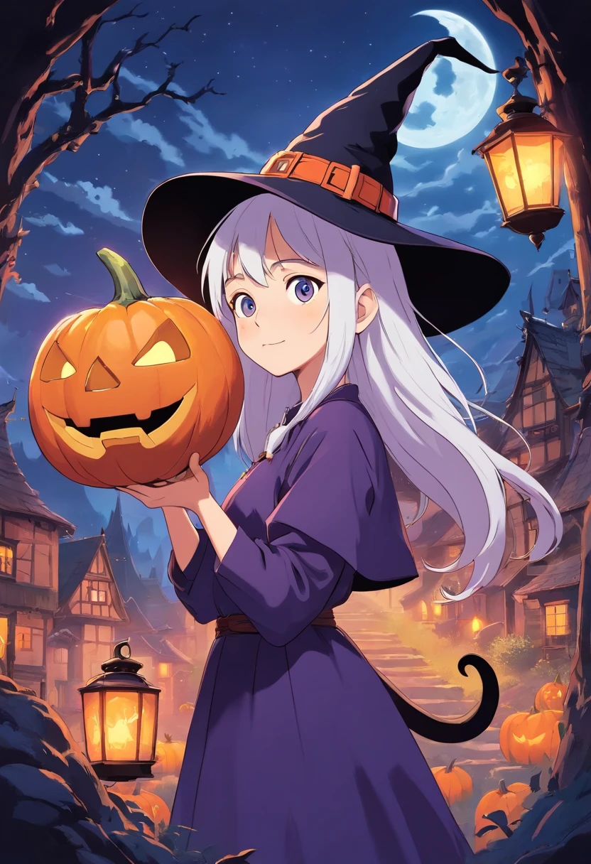 High quality design vector style image, t-shirt print style, graphic art white background of a Halloween style witch, bright and realistic colors, old style witch with a pointy hat, nose with a wart and a black cat at her side, fantasy style scenery halloween