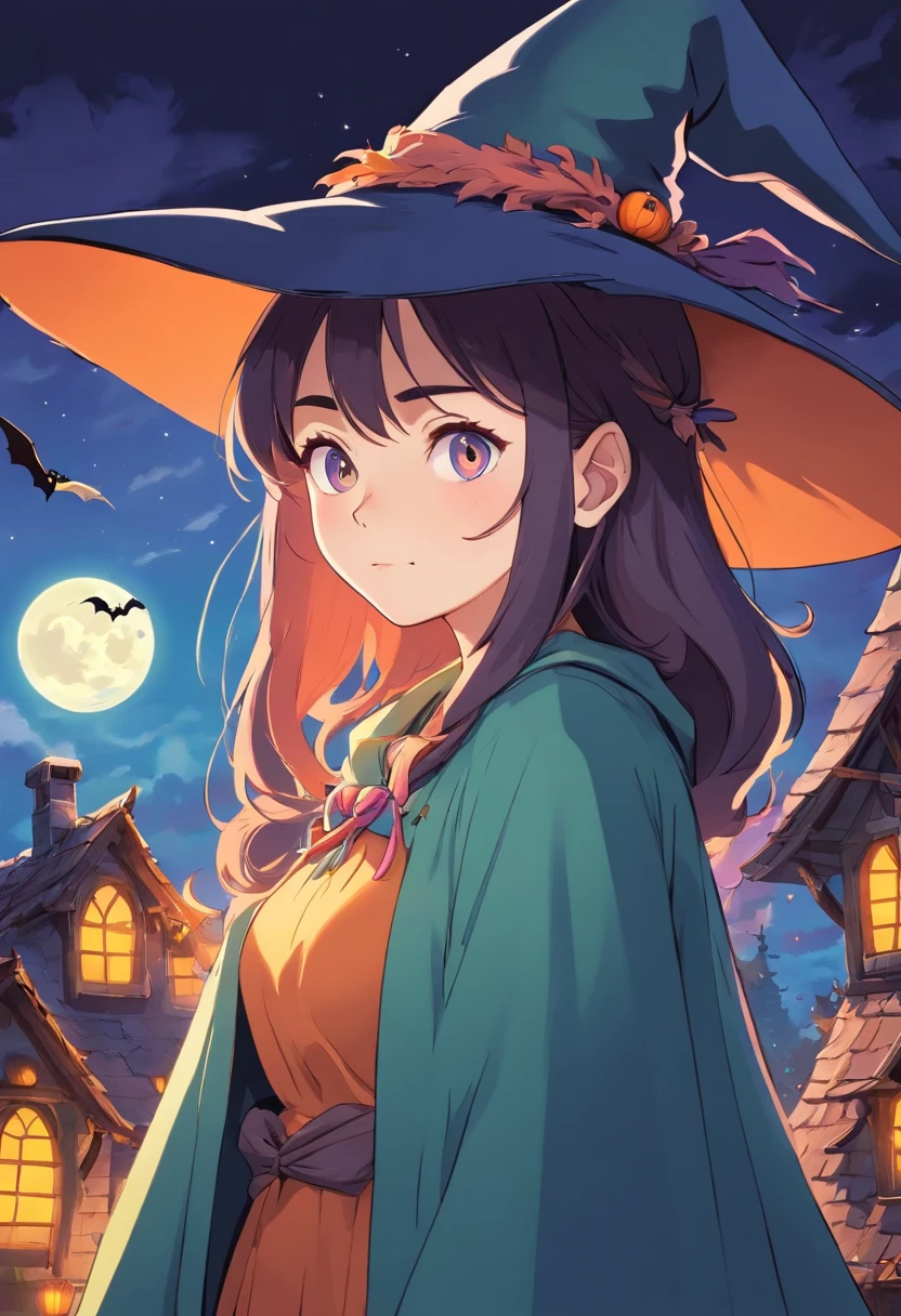 High quality design vector style image, t-shirt print style, graphic art white background of a Halloween style witch, bright and realistic colors, old style witch with a pointy hat, nose with a wart and a black cat at her side, fantasy style scenery halloween