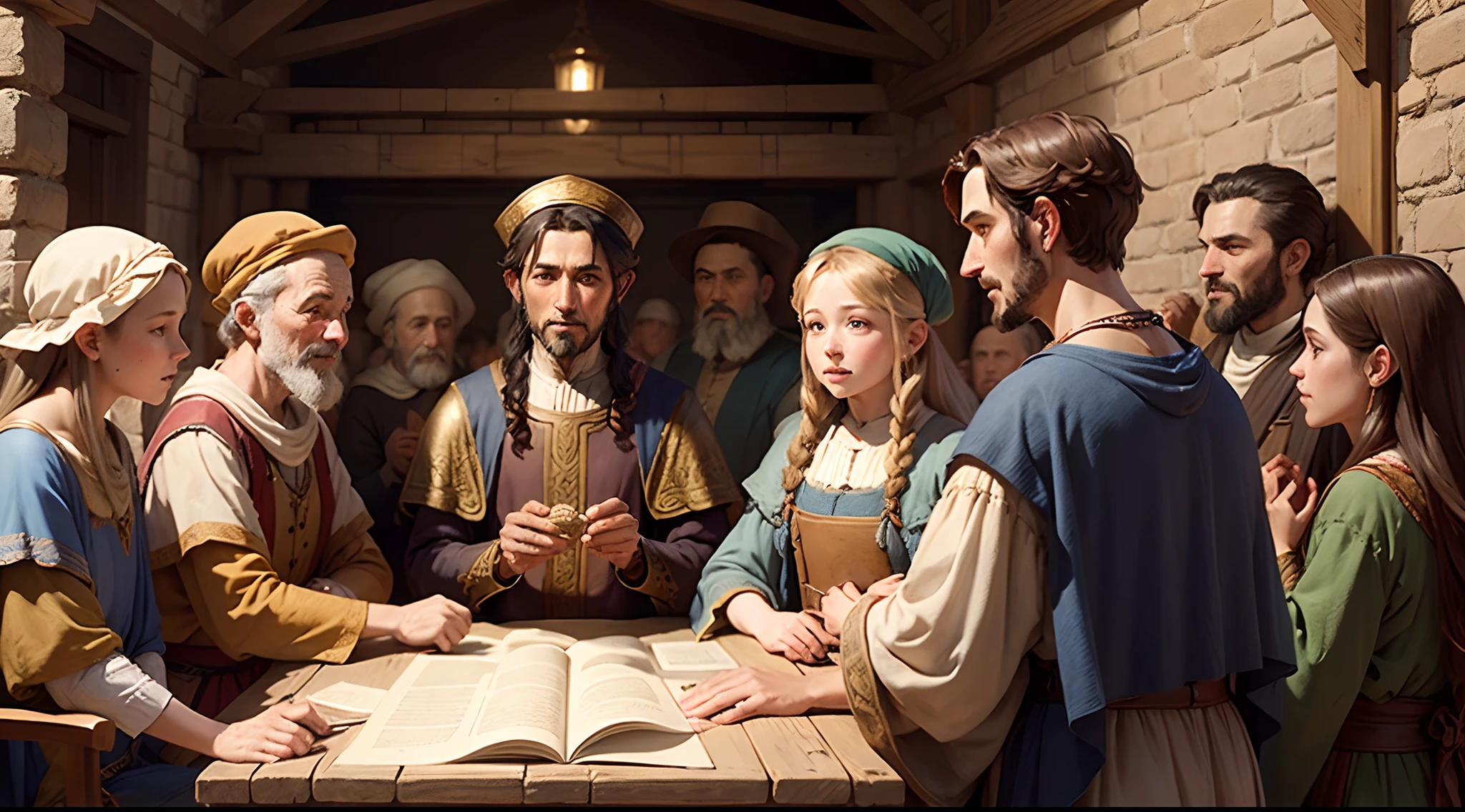 Design a picture showcasing the grateful villagers gathering around Samuel, acknowledging his honesty and integrity." --auto