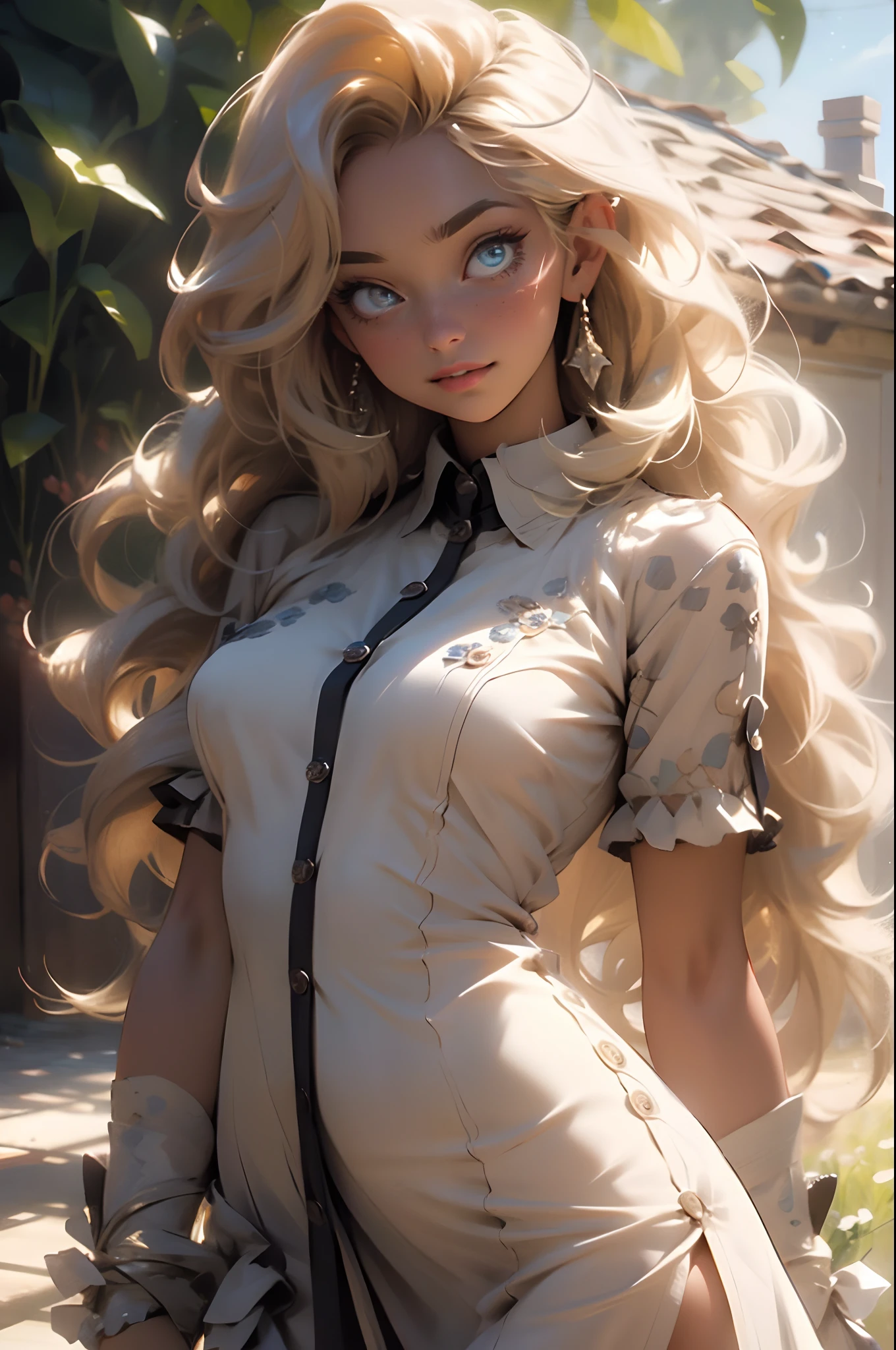 Melancholy lighting, Take it easy, calm, shine, masterpiece, best quality, 1 girl, (JinxLol: 1.2), (ultra photorealistic: 1.3), (masterpiece: 1.4), best quality, ((realistic)), high quality, Ultra Detailed, ((real image)), ((realistic skin)), ((realistic face)), (illustration: 1.05), (beautiful: 1.05), (beautiful detailed eyes: 1.05), (cinematic light: 1.1), full body, accurate proportions, 25-year old girl, CURVY model (wearing fully buttoned dress covering her chest and neck:1.7), (covering breasts and neck:1.3)waves, BLOND hair fluttering in the wind, long legs, slightly open feet, butt, blushing, shyness, clavicle, abs, double texture, beautiful and delicate face, fair skin, real skin, (face detail), couples, super high res, 8k, parameters Best quality, masterpiece, super high res, (Realistic 2.0), more details, detailed skin, wide smile, white teeth, VOLUMINOUS GINGER BLONDIE hair, perfect and well-drawn eyes, girlfriend, cute, pretty, studio illumination, (((PERFECT EVEN EYES:1.1)))