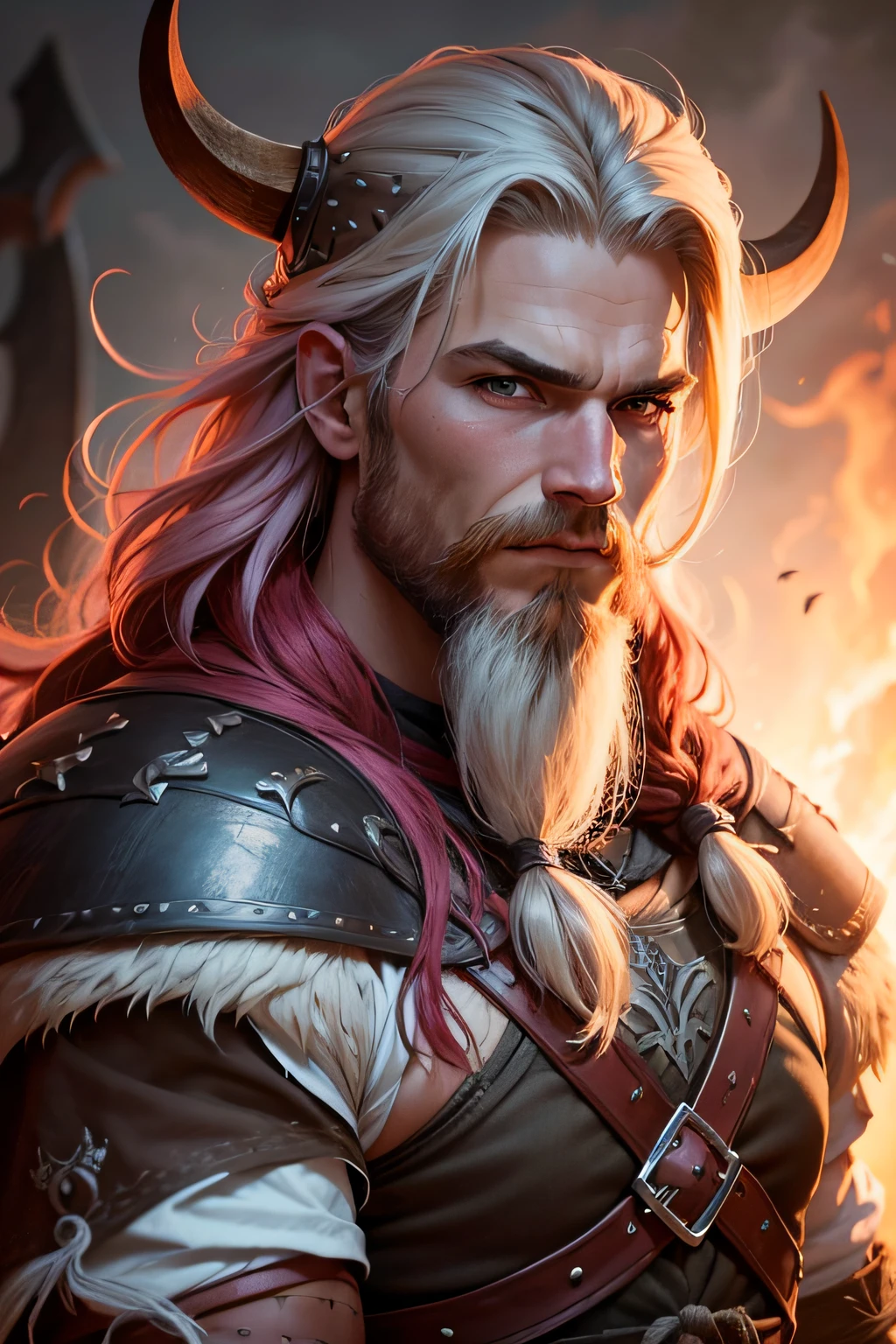The viking has got in his right hand the bloody head of a enemy dead