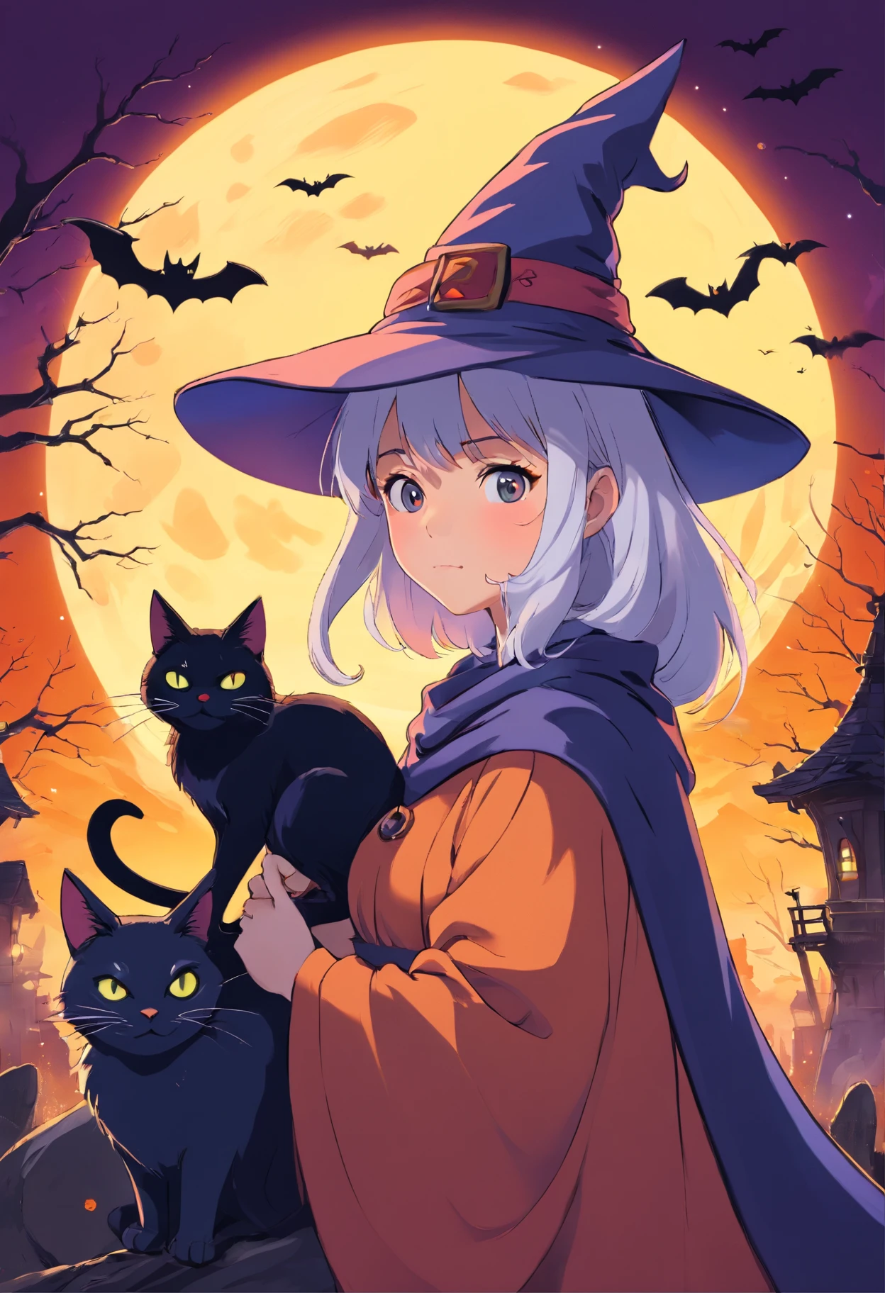 High quality design vector style image, t-shirt print style, graphic art white background of a Halloween style witch, bright and realistic colors, old style witch with a pointy hat, nose with a wart and a black cat at her side, fantasy style scenery halloween