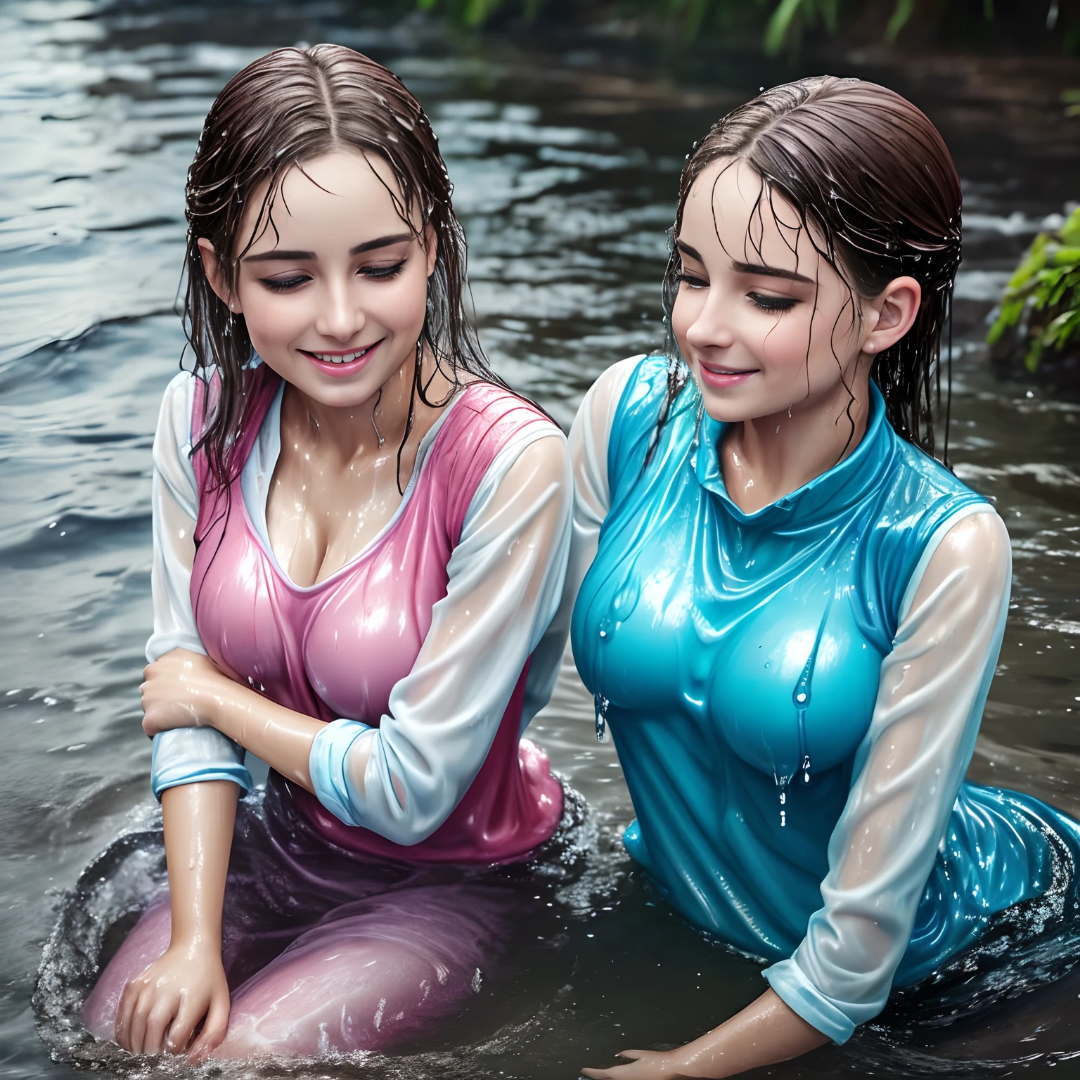 Two scandinavian women sitting in the water, girls, shapely, layered clothing, (long sleeved shirt), (vest), (denim pants), colorful clothes, glistening wet, clinging, closeup fantasy with water magic, beautiful maidens, lesbian, looking at each other, happy, smiling, leaning in, touching, lips touching, excited, realistic oil painting, dripping wet, in water up to their shoulders, beautiful realistic photo, nymph in the water, hyperrealist portrait in a river, hyperrealistic fantasy photo, splashing, realistic fantasy painting, cute shot, narrow depth of field, 8k, ((drenched)), ((soaked)), ((dripping water)), dripping oil, heavy clothes, soaked in oil, wet all over, wet dripping hair, varied poses, wet hair, see through, nsfw