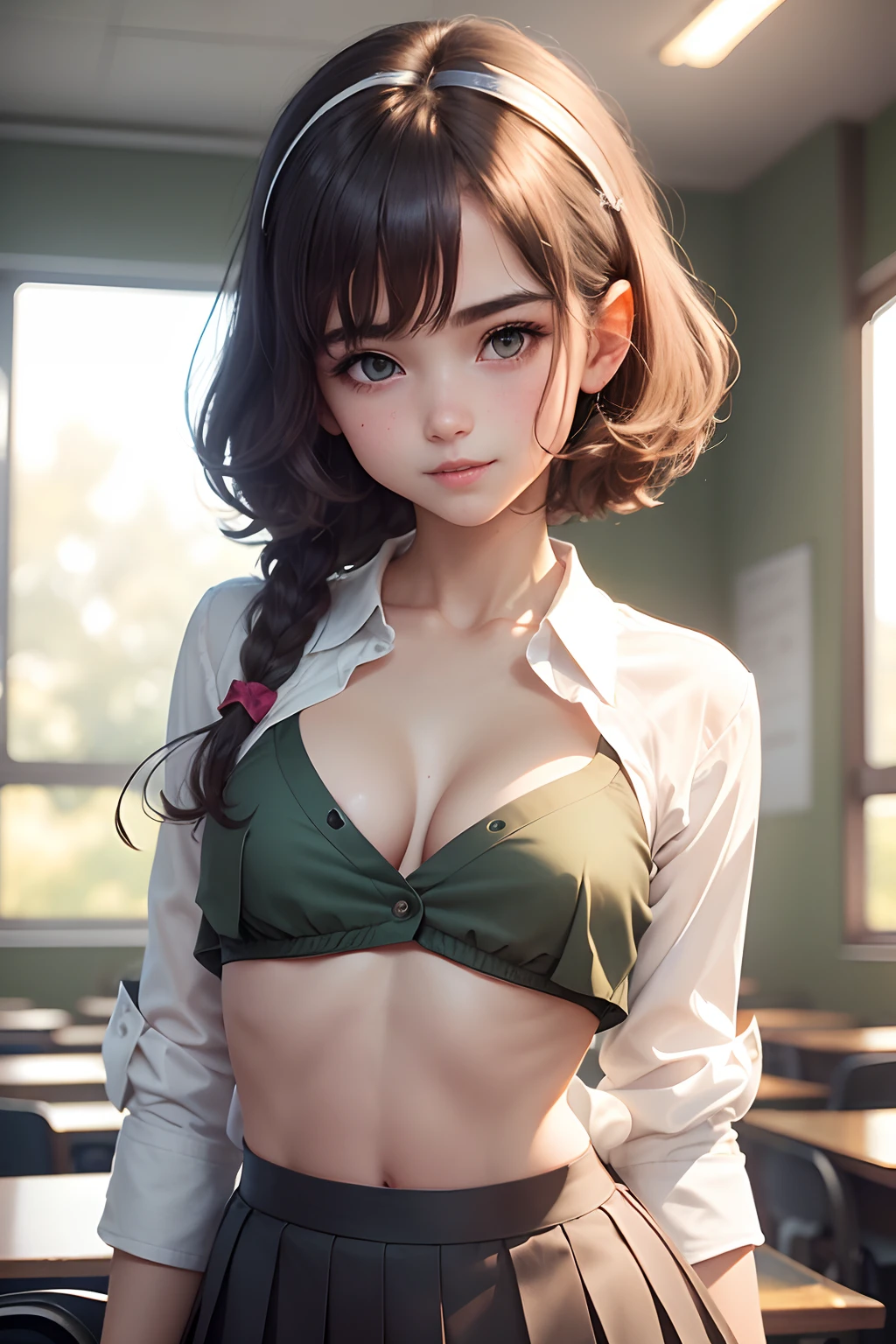 girl in a classroom wearing a short dark green pleated skirt, ((white blouse)), alluring, ((seductive look)), cleavage, (((small tits, small and flat chest))), seductive smile, shaggy hair, Beautiful face, beautiful eyes, Beautiful mouth, hair band, looking at the viewers, (Bokeh:1.1)