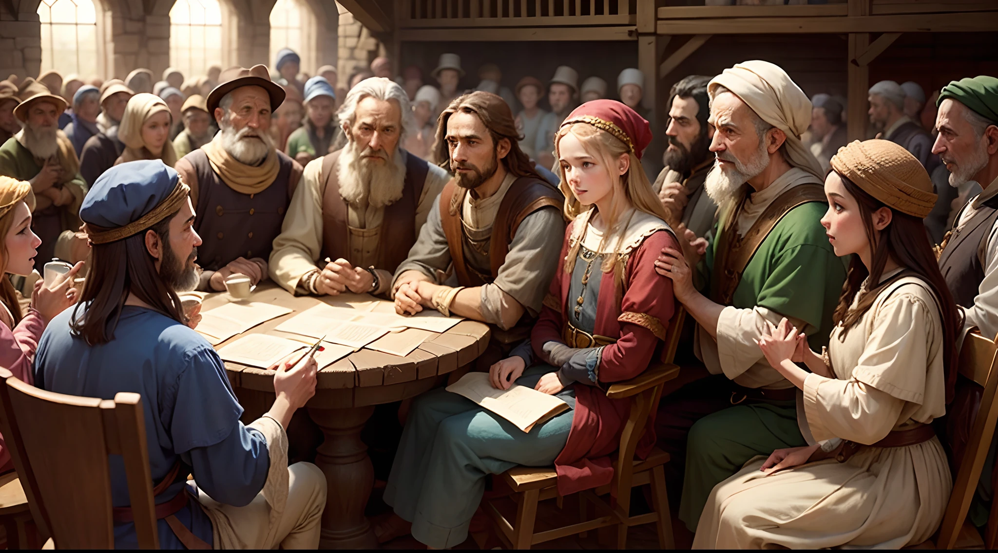Design a picture showcasing the grateful villagers gathering around Samuel, acknowledging his honesty and integrity." --auto
