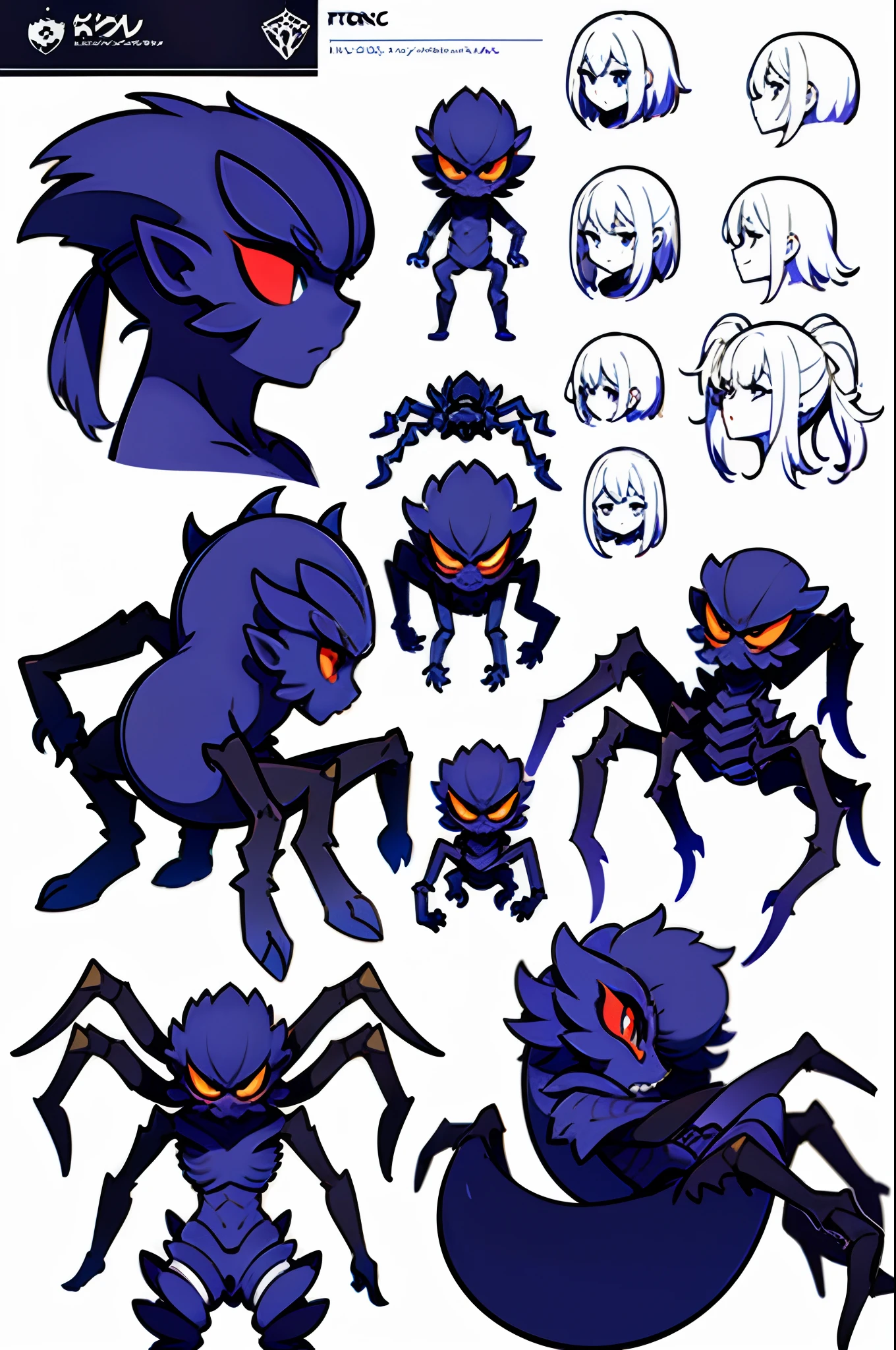 a spider, masterpiece, high detailed, high quality, simple trace, cartoon vertor, monster sprite,  character sprite, white background, side angle, sideview, character sheet, character design, create design, monster design, monster sheet