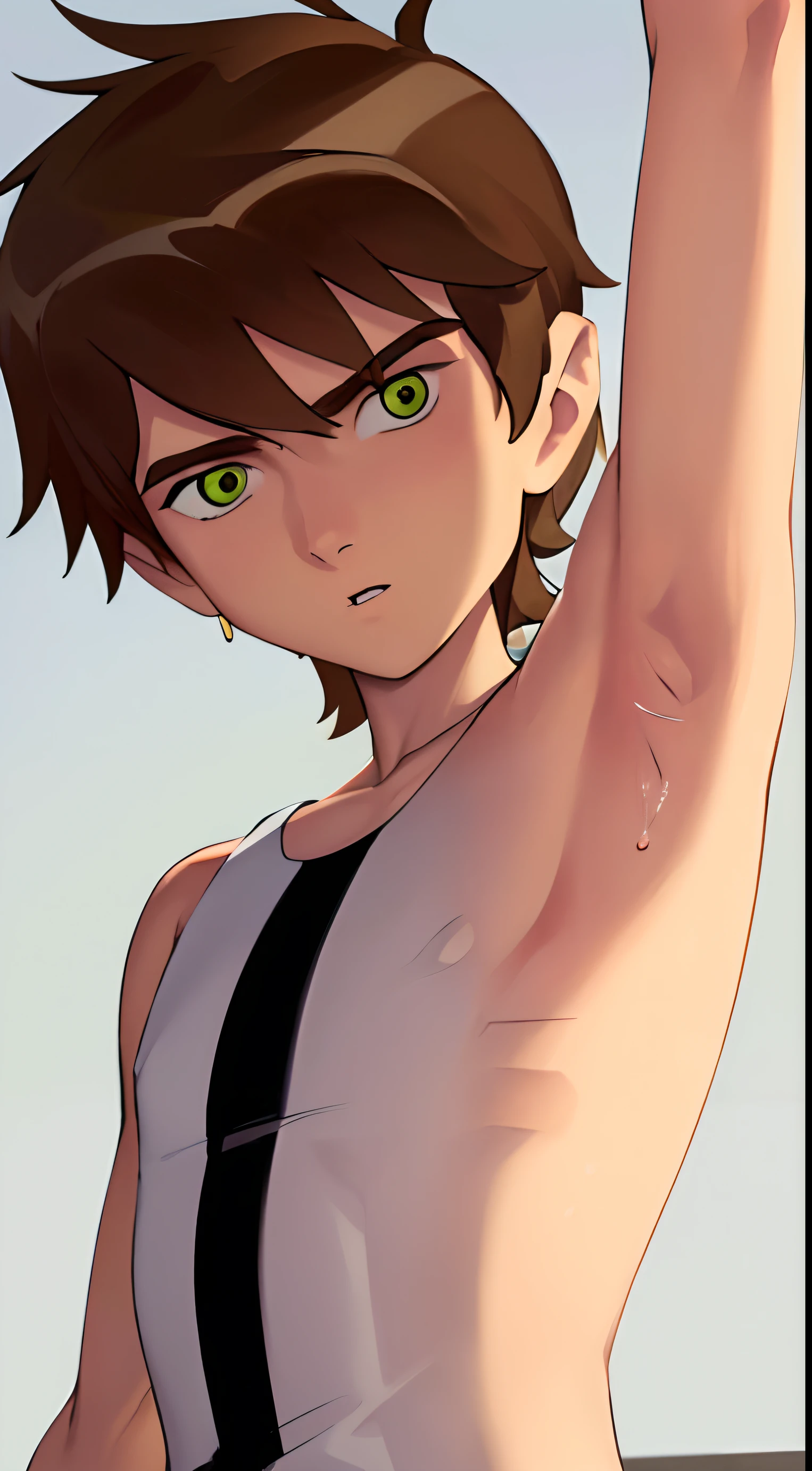 Highres, Masterpiece, Best quality at best,Best Quality, 1boy, bentennyson, green eyes, (armpit, showing armpit), watch, tank top, close-up the body, upper body,  the day, summer, sweat