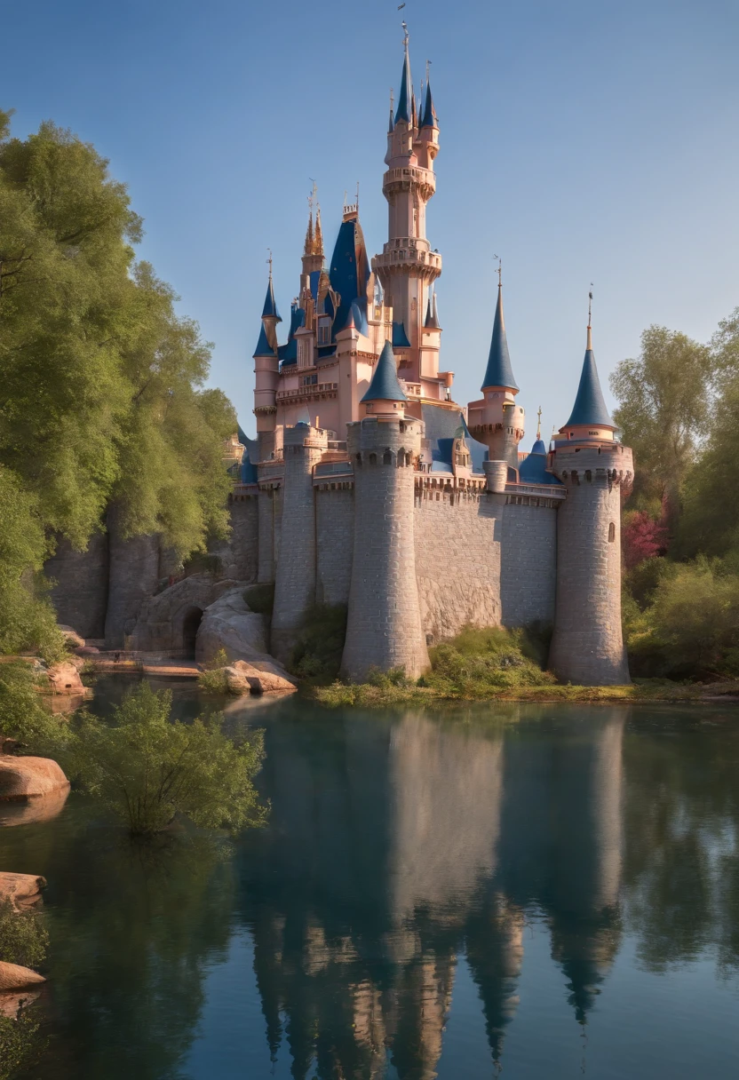 (realistic image,disney castle,theater stage),vivid colors,extremely detailed,sharp focus,HDR,ultra-fine painting,physically-based rendering,portraits,landscape,concept artists,studio lighting,bokeh