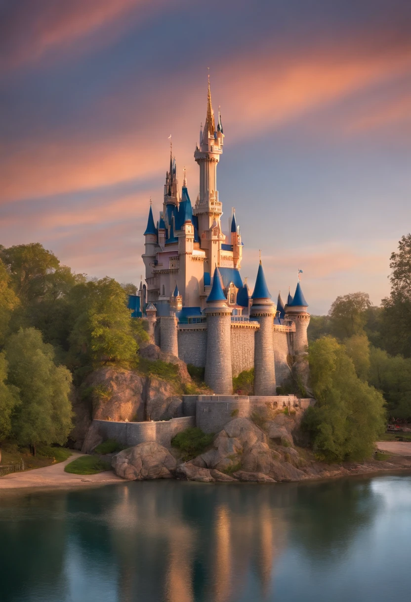 (realistic image,disney castle,theater stage),vivid colors,extremely detailed,sharp focus,HDR,ultra-fine painting,physically-based rendering,portraits,landscape,concept artists,studio lighting,bokeh