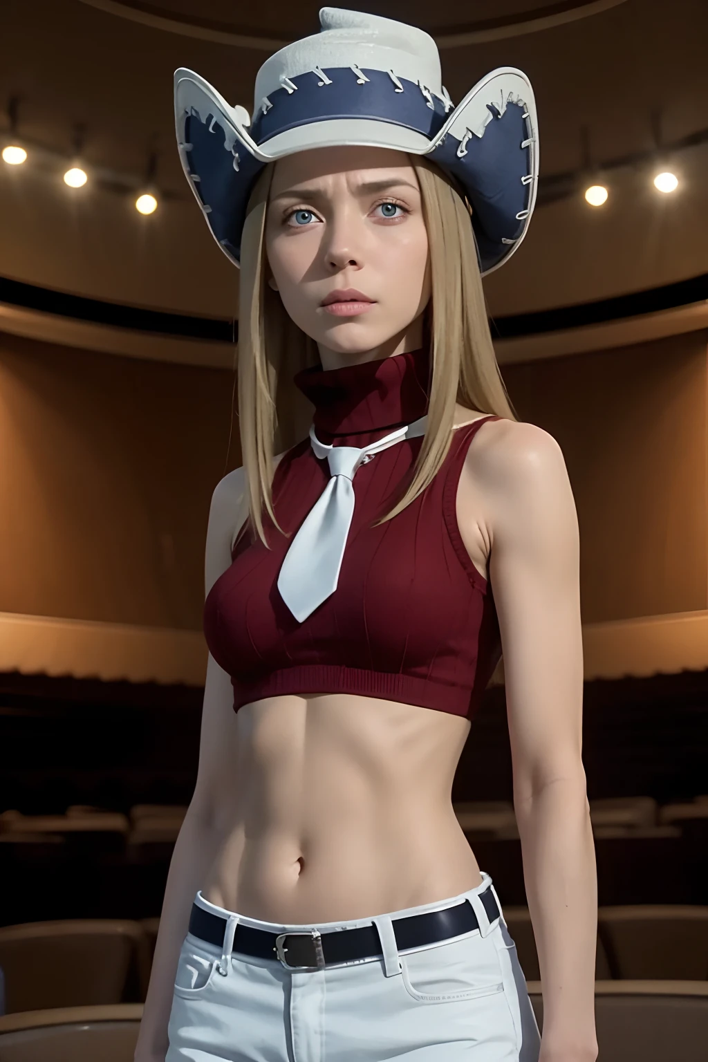 ((realistic)), ((photorealistic)),((high-res, masterpiece, best quality, cinema lighting)), masterpiece, best quality:1.2), upper body, solo, 1girl, Liz, belt, blonde hair, blue eyes, hat, crop top, hand on hip, hat, long hair, midriff, navel, necktie, pants, solo,  sleeveless turtleneck, desert, pyramid,masterpiece, best quality, 4k, photograph, cinemtaic lighting, modelshoot, perfect lighting, perfect detailed face, professional photoshoot, masterpiece, best quality,red turtleneck