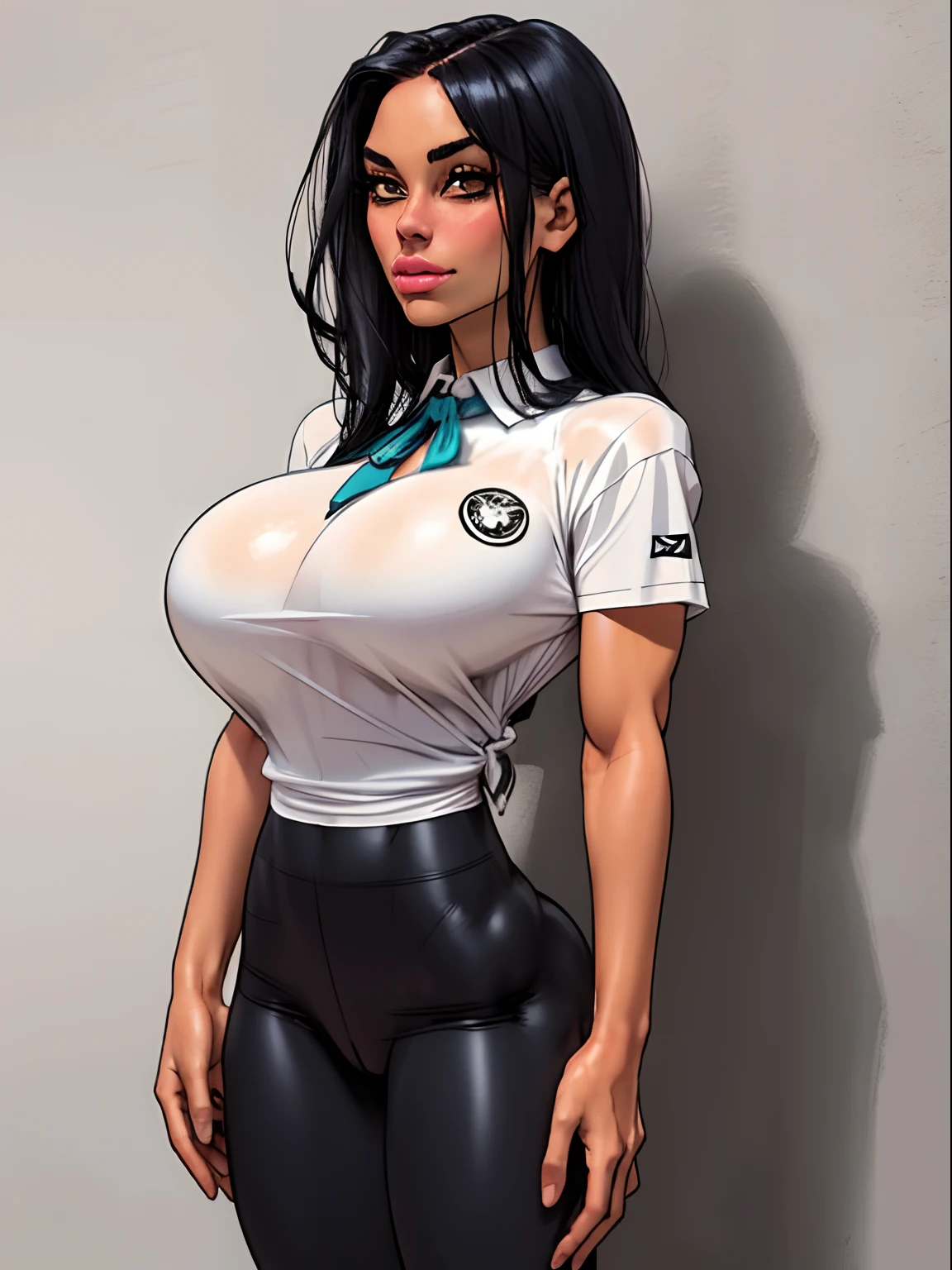 Lonely young girl, Tall stature, large chest, closed mouth, (asian face) brown eyes; black hair; sharp facial features; dimple on the chin; asian; ; pronounced high cheekbones; high forehead, stands upright, (gigantic breasts:1.4), ((detailed face:1.5)), school uniform: large ribbon; pants, Full-length painting, white crew socks, black heels, big eyes, Thepit style