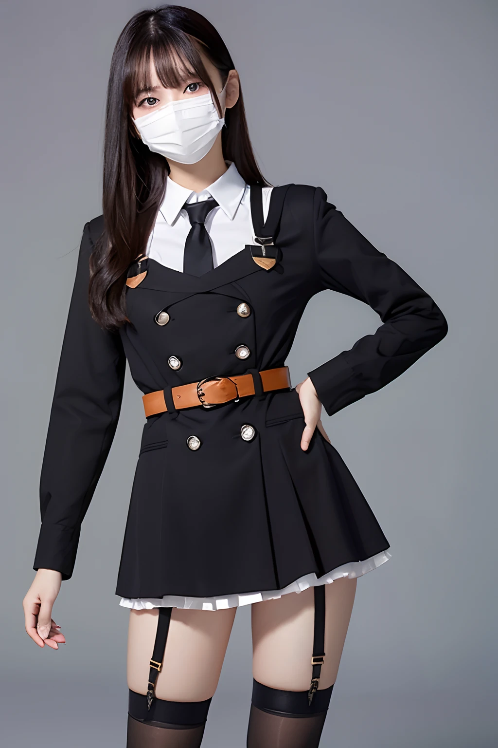 ​masterpiece、top-quality、The ultra -The high-definition、、colourfull、flat-colors、depth of fields、lens flare 1 girl、、A dark-haired、watching at viewers　　Cutter shirt　a belt　suspenders　working adults　materia　OL　Black Suit　Black jacket　glares　huge-breasted　a miniskirt　garterbelts　knee high　Stockings　Black Neeso Mask　Rat-colored eyes