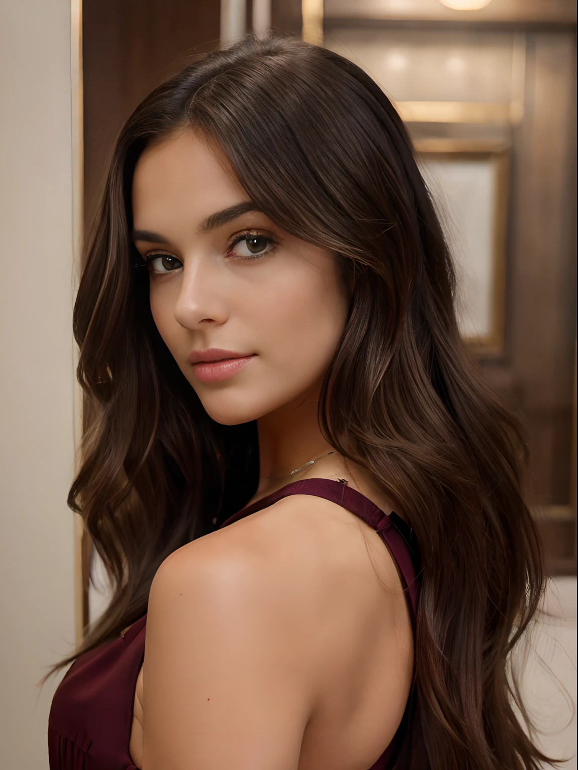 ((Best quality, 8k, Masterpiece: 1.3)), Beauty, young girl from usa, only face view, long wavy dark brown hair,
