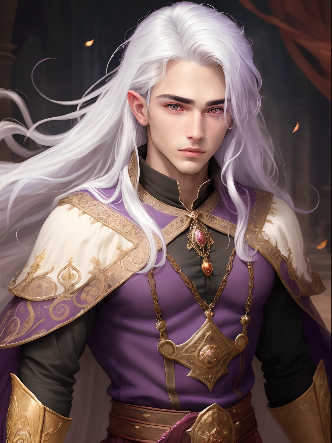 boy,young,handsome,beautiful face,19 years old, finely detailed eyes,purple bright eyes color,skin light tone,white hair,long hair,muscular body,(best quality, masterpiece, colorful, dynamic angle, highest detailed) ,intricate details, portrait, looking at viewer, solo, (full body:0.6), detailed background, detailed face,(intricate details, hyperdetailed:1.15), dynamic pose,supreme dark purple archmage clothes,(high resolution textures), high fantasy medieval setting, magic palace background,