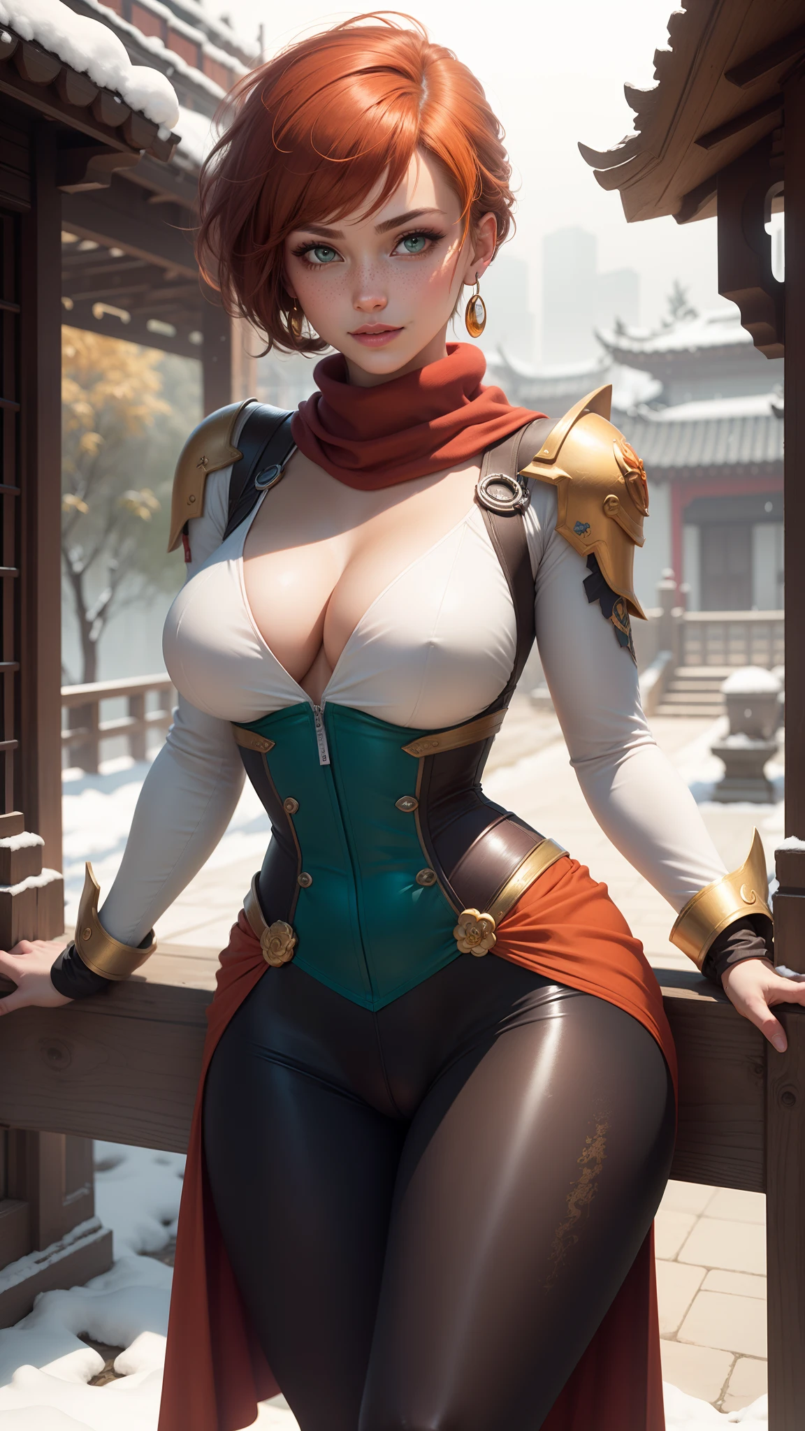 gwen tennyson,tracer,chun-li,rebecca chambers,overwatch,gundam,1girl,close up,mecha pilot,chinese garden,orange and gold long dress,pirate corset,silver long sleeve lycra top,silver leggings, short hair,cute makeup,green eyes, orange and gold hair,shy smile,hair pin, freckles,redhead,beautiful girl,large breasts,ultra detailed,realistic,fantasy art,chinese dress,steel armor,snow scarf,kung-fu uniform,aqua earrings,