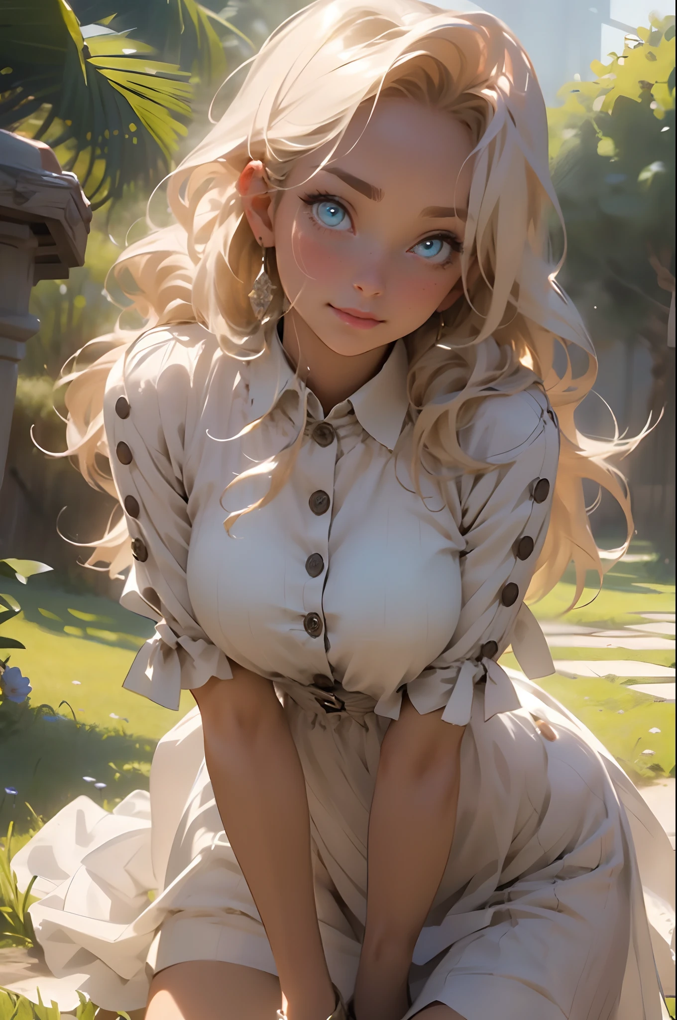 Melancholy lighting, Take it easy, calm, shine, masterpiece, best quality, 1 girl, (JinxLol: 1.2), (ultra photorealistic: 1.3), (masterpiece: 1.4), best quality, ((realistic)), high quality, Ultra Detailed, ((real image)), ((realistic skin)), ((realistic face)), (illustration: 1.05), (beautiful: 1.05), (beautiful detailed eyes: 1.05), (cinematic light: 1.1), full body, accurate proportions, 25-year old girl, CURVY model (wearing fully buttoned dress covering her chest and neck:1.7), (covering breasts and neck:1.3)waves, BLOND hair fluttering in the wind, long legs, slightly open feet, butt, blushing, shyness, clavicle, abs, double texture, beautiful and delicate face, fair skin, real skin, (face detail), couples, super high res, 8k, parameters Best quality, masterpiece, super high res, (Realistic 2.0), more details, detailed skin, wide smile, white teeth, VOLUMINOUS GINGER BLONDIE hair, perfect and well-drawn eyes, girlfriend, cute, pretty, studio illumination, (((PERFECT EVEN EYES:1.1)))