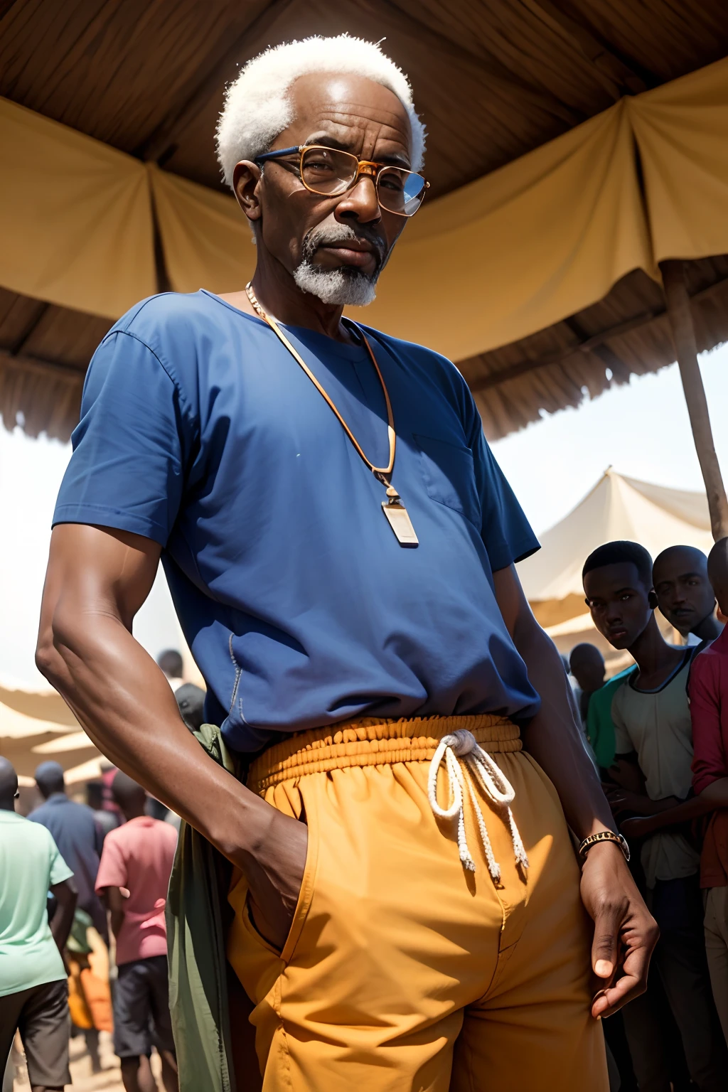 Cartoon image of a rich and 65-year-old African man in simple shirt clothing, in an archaic African market , ayant des lunettes , il aura une coupe de cheveu simple ; under the African sun near him and giving advice : The colors will have to be very dark that pull towards blue and gray to the maximum, and it will look more like a cartoon: il doit regarder devant ; image to be seen from the waist! This man must be next to an Orange Money or Mobile Money kiosk from Africa with the Orange company logo