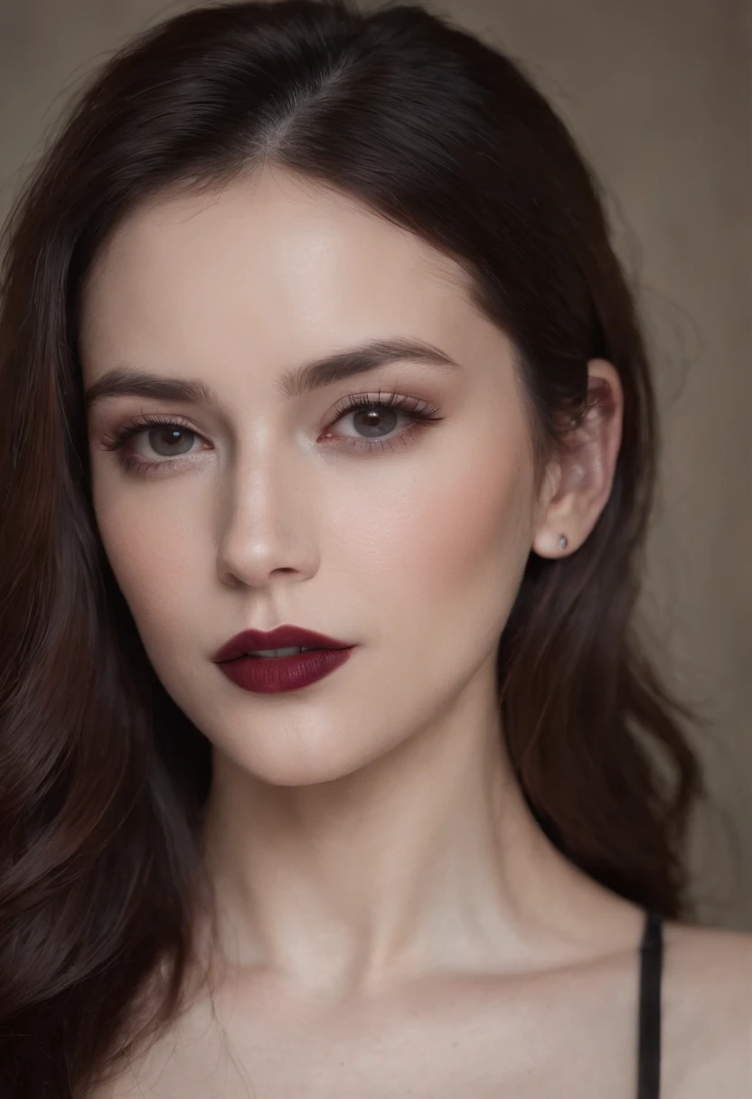 A modern woman with black eyes, dark red lipstick, her hair is black and shorter her shoulders. She is wearing a black crop top (here is not visible from the waist down in the photo), she has slightly visible freckles on her face, starting from under her left eye and ending under her right eye, including her nose, she has black earrings in her ears, she has pink or white skin, her belly button is exposed.