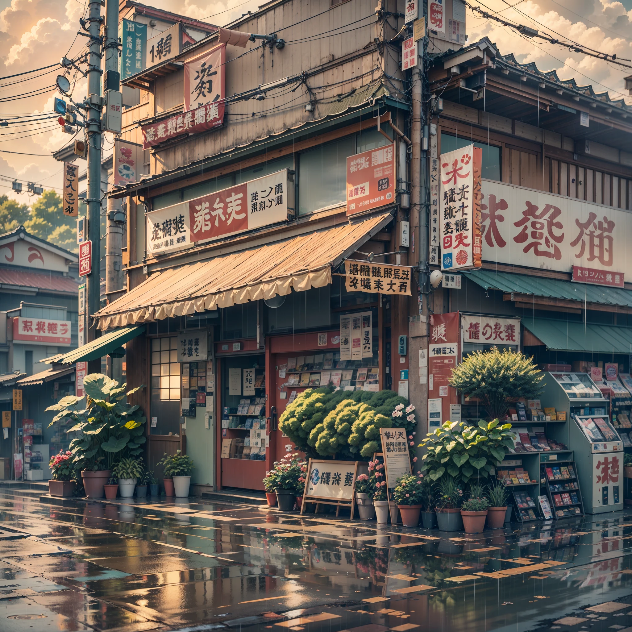 anime background, anime wallpaper, anime, anime style, lofi, lofi style, modern japanese street, modern japanese architecture, japanese convenience store, big retro japanese shop signs, retro japanese store, trees, plants, rocks, plant pots, shop signs, japanese banners, japanese signs, flags, sunrise, rain, raining, heavy rain, dramatic weather, puddles on the floor, rain falling from the sky, rain drops, empty street, no one in sight, (no one: 1), best quality, rural tokyo, sun in sky