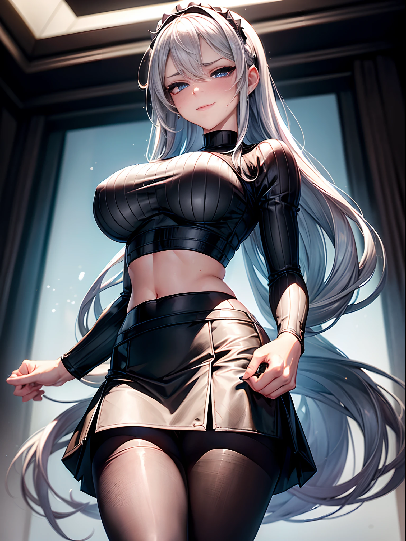 (((masterpiece))), (((low angle shot))), (((white top))), ((dominatrix)), ((black skirt)), ((both hands resting on the front of the thighs)), ((vertically ribbed top)), ((top covers the midriff completely)), ((amused dominatrix gaze)), (high-waisted skirt), (short skirt), (nylon pantyhose), intense gaze, mouth closed, small smile, legs closed, very big breasts, blushing, sweatdrop on cheek, silver hair color, standing straight, looking down, highly detailed eyes