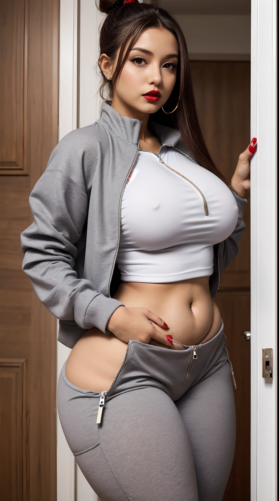 ((((("Huge large huge Hips" ))))),(A Moroccan woman with a wide waist and a  above normal), (Arab woman), (with brown hair with a hairstyle similar to a ponytail), (opens the door of her house in the residential complex), (wearing tight-fitting gray cotton sports pants)  So much so that her G-string is printed on the front), (She also wears a gray jacket with an open zipper that shows off her white t-shirt), (Her breasts are large), (Brunette skinned woman), (Brown eyes), (Red lips),