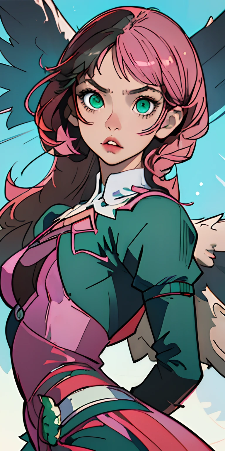 Alisa Rosto bonito, olhando para o espectador, Symmetrical perfect green eyes, cabelo curto rosa multicor, mechanical wings, fundo desfocado, parte superior do corpo, contemporary, vestido, altamente detalhado, illustration, tekken