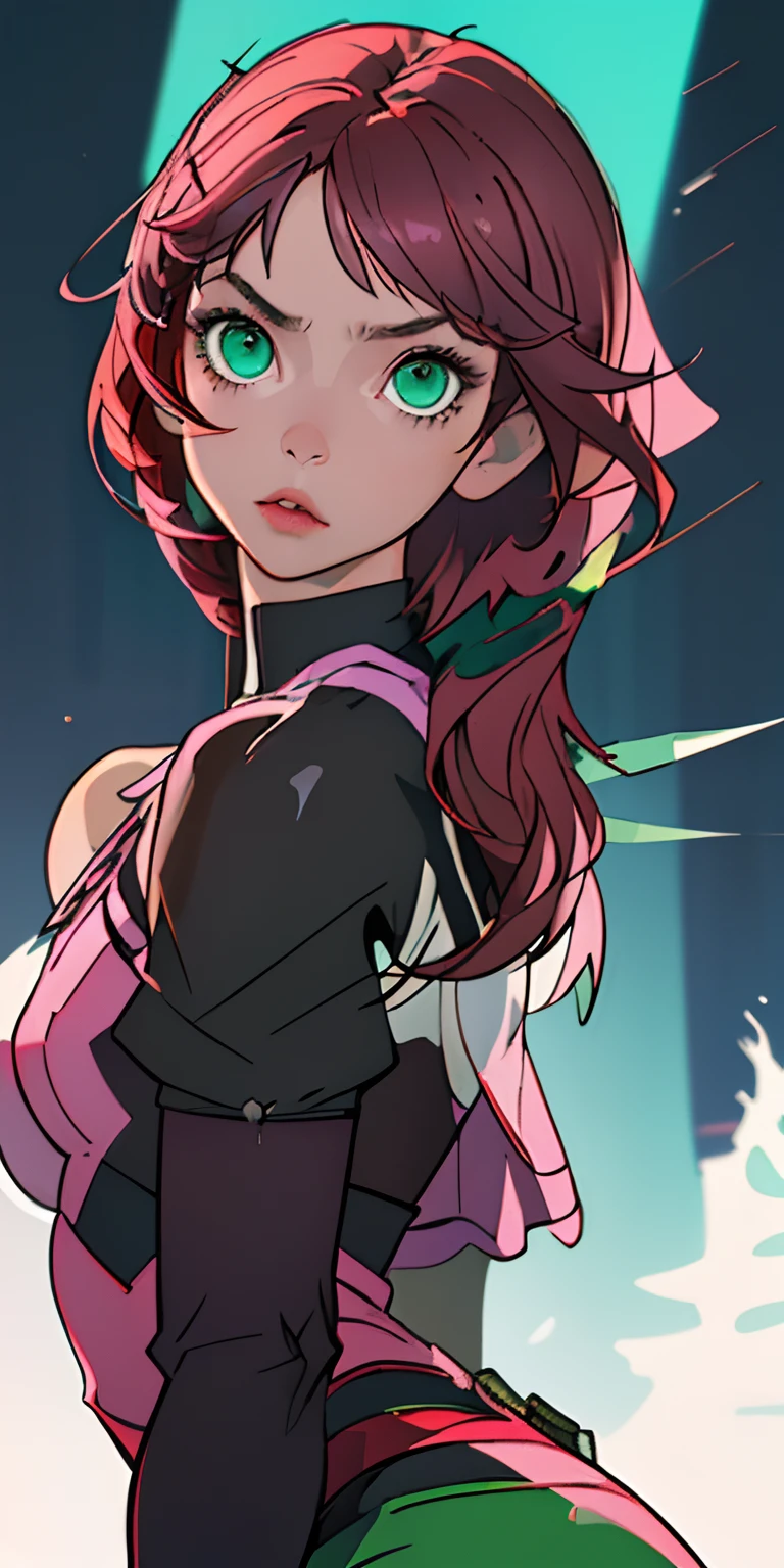 Alisa Rosto bonito, olhando para o espectador, Symmetrical perfect green eyes, cabelo curto rosa multicor, mechanical wings, fundo desfocado, parte superior do corpo, contemporary, vestido, tekken