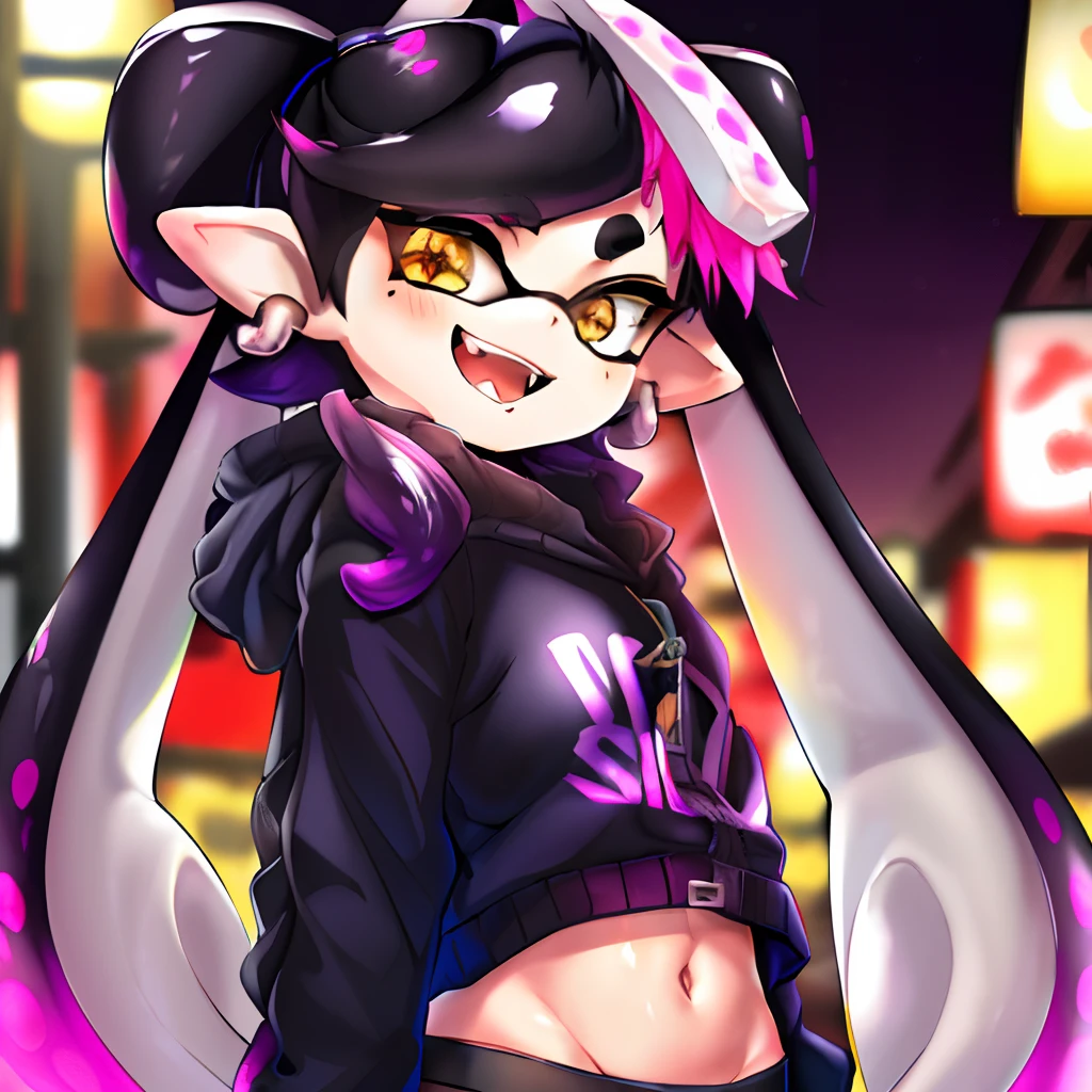 masterpiece, best quality, callie, splatoon, (Japanese City background), neon lights, (day), happy, sfw, oversized black sweater, purple design on sweater, long hair, tentacle hair