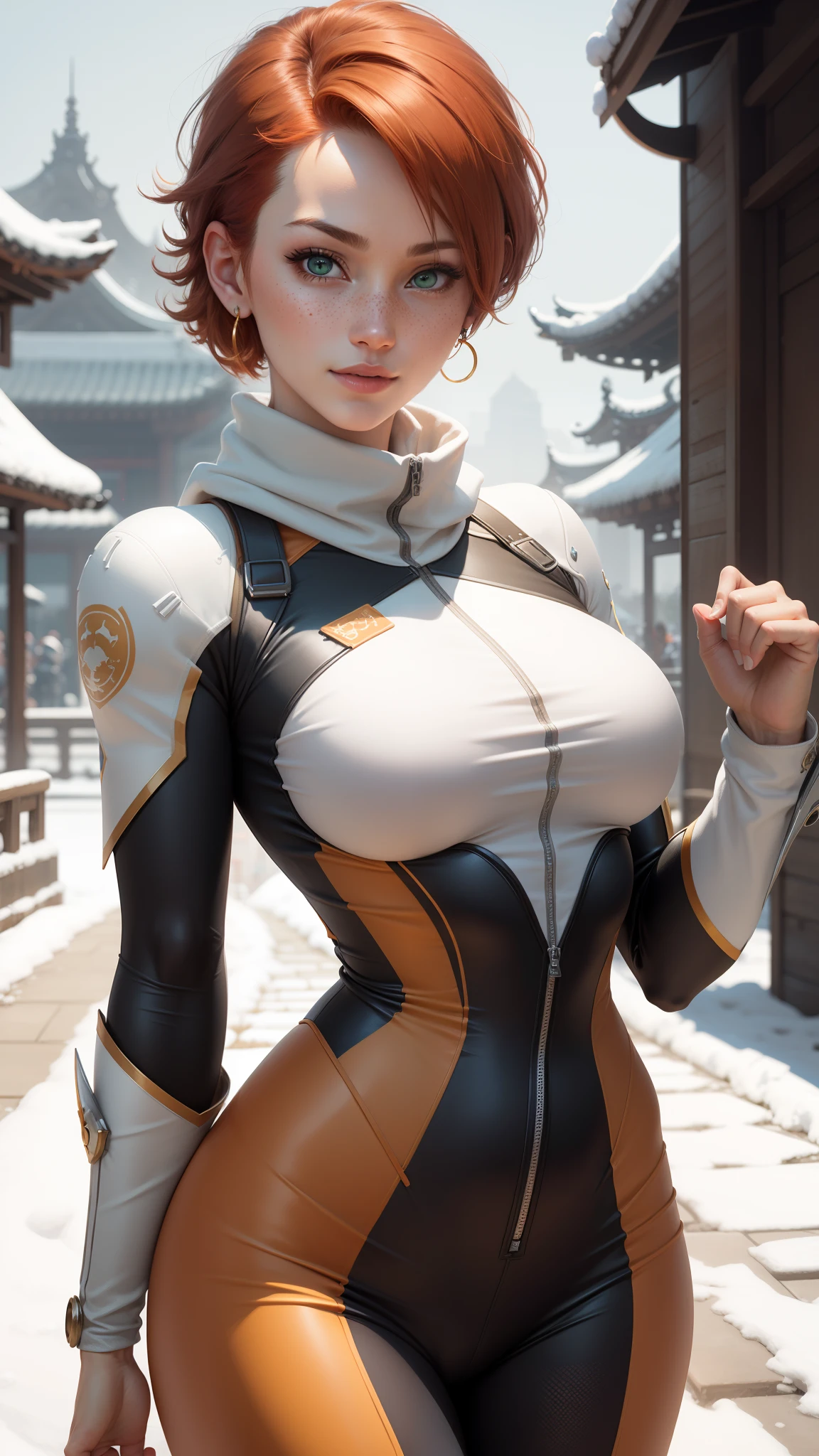 gwen tennyson,tracer,chun-li,rebecca chambers,overwatch,gundam,1girl,close up,mecha pilot,chinese garden,orange and gold plugsuit,pirate corset,silver long sleeve lycra top,silver leggings, short hair,cute makeup,green eyes, orange and gold hair,shy smile,hair pin, freckles,redhead,beautiful girl,large breasts,ultra detailed,realistic,fantasy art,long chinese dress,steel armor,snow scarf,kung-fu uniform,aqua earrings,