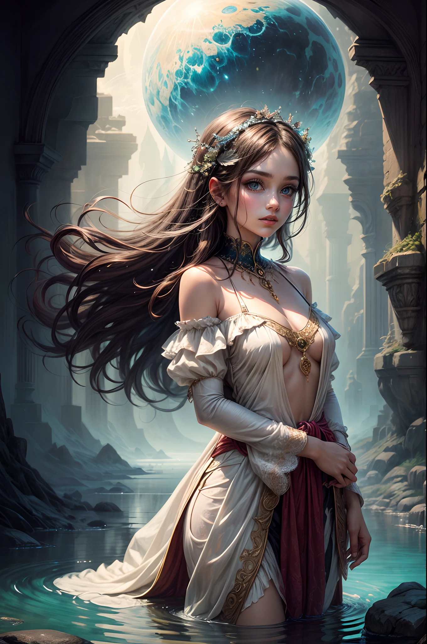 Painting: An enchanting artwork portraying a girl wearing silk, standing at the edge of a mystical pool, surrounded by swirling enchantments, with the distant planet casting an ethereal light upon her.