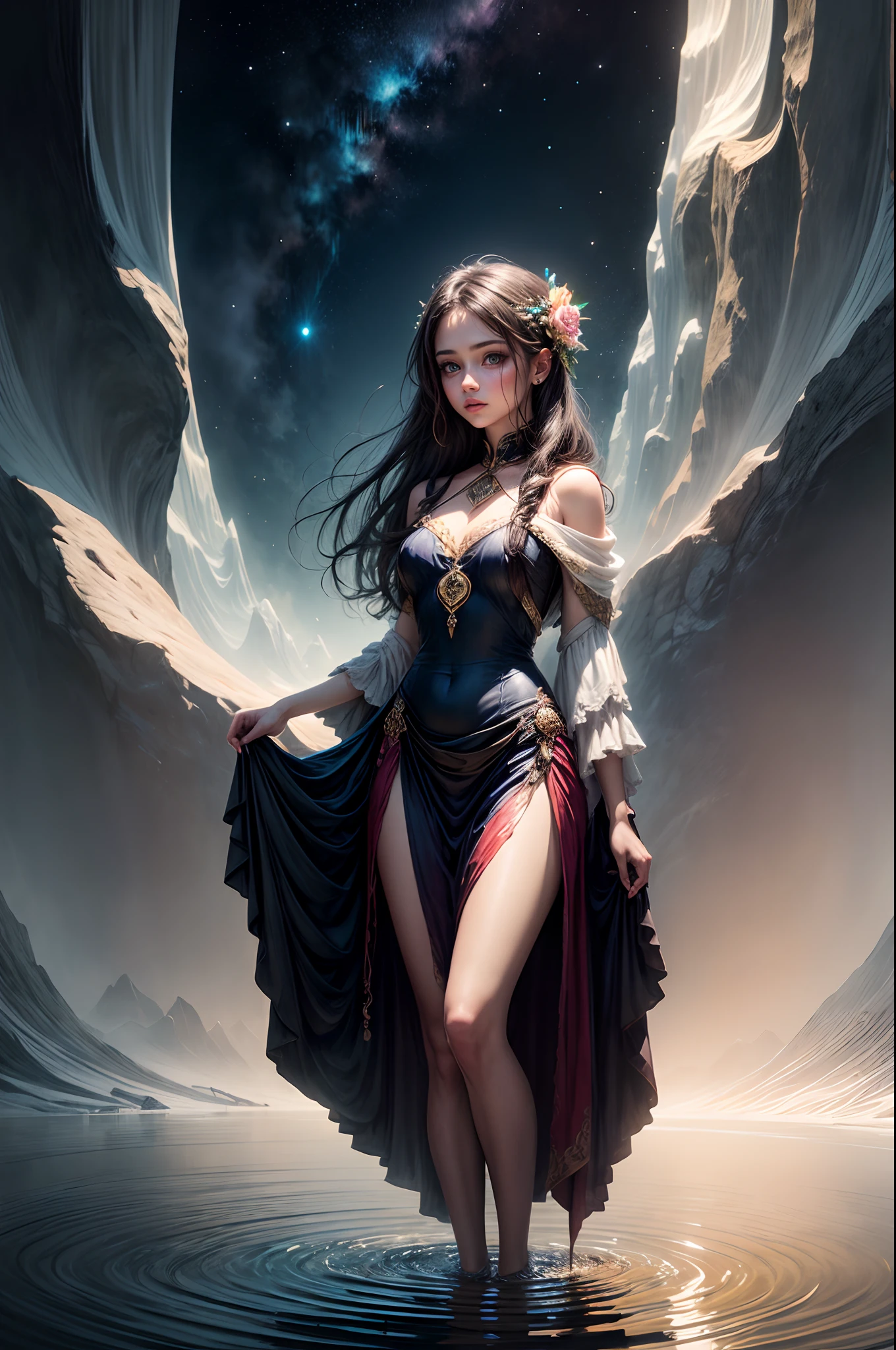 Pretty girl, long flowing hair, dark brown hair, photorealistic, 4K, light coloured eyes, extremely detailed eyes and lips, heeled leather boots, fantasy wizard, cute face, beautiful eyes, long eyelashes, (flat chest, makeup, pink lips, skinny), ((magical multicoloured blanket wrapped around body, open chest)), casting magic, fantasy background, in a field with a glowing lake, at midnight, bioluminescent lake, dark night sky with swirling stars, swirling luminescent clouds, determined stance, bright lights,