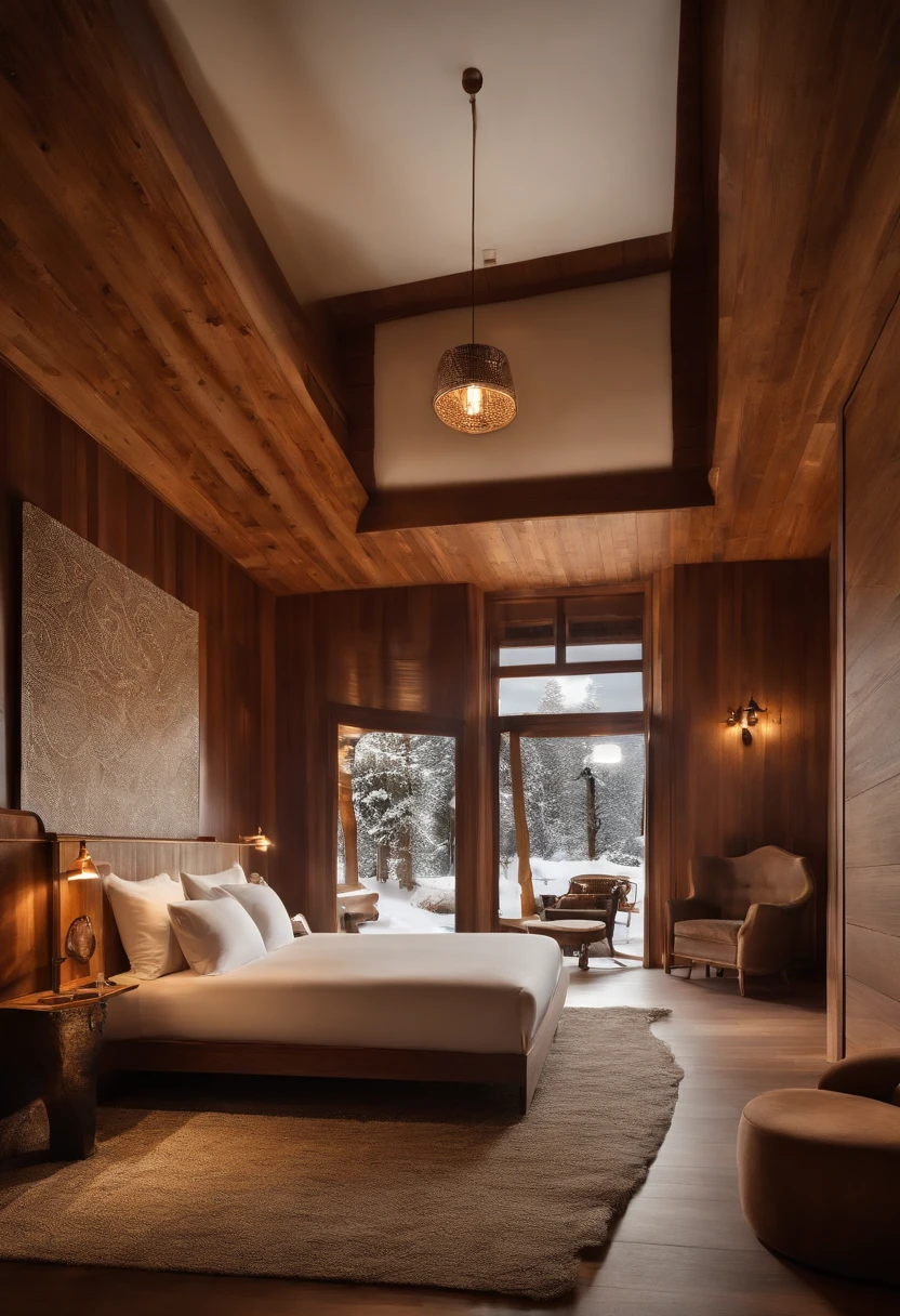 You're about to create a scene of pure relaxation in a wooden hotel room in the dead of winter. Imagine um ambiente luxuoso e aconchegante, where the warmth of the wood blends perfectly with the cold outside. The living room is lit by a fireplace, which gives a special touch to the décor, que emite uma luz suave e calor reconfortante.

The dark wood walls are decorated with beautiful tapestries, bringing a touch of elegance to the environment. A king-size bed with plush cotton sheets and fluffy duvet occupies the center of the room, Convidando-o a relaxar. Ao lado da cama, A bedside table with a soft light fixture provides the perfect illumination for quiet reading.

Floor-to-ceiling windows reveal a magical winter landscape. Outside, a neve cai lentamente e cobre tudo com um manto branco e silencioso. The view is spectacular, With snow-capped trees and mountains in the distance. The silence is only broken by the crackle of the fireplace and the occasional distant song of a bird.

Neste retiro de luxo, you can relax, descontrair e recarregar suas energias. Every detail has been carefully designed to ensure that your stay is an unforgettable experience of serenity and comfort. Agora, crie uma obra de arte que transmita toda a beleza e tranquilidade deste quarto de hotel de madeira no inverno com vista para a neve. Let your creativity flow and bring this enchanting scene to life on the SeaArt platform."





regenerar
