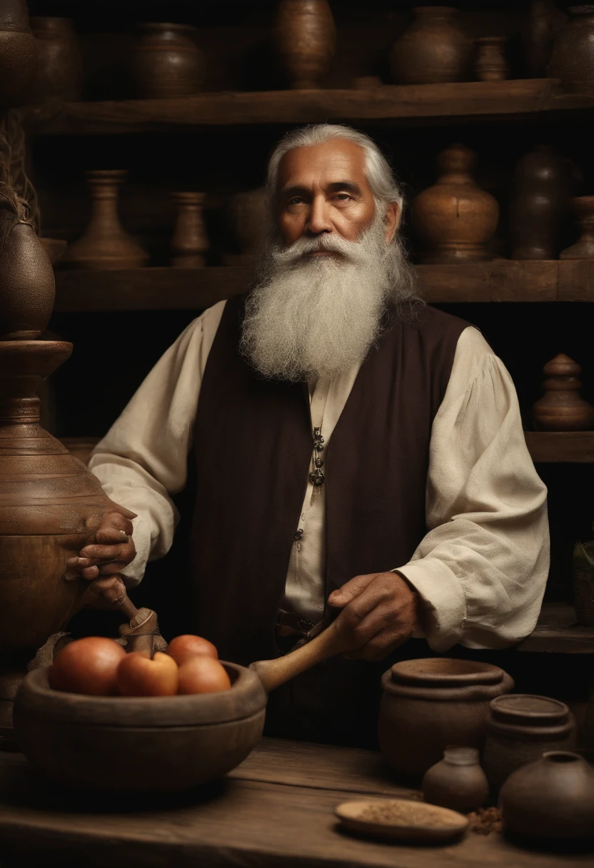 (A sorcerer of Mexican Asian descent),very old with a long beard, dans un endroit rustique et secret,(Old shelves). [Faire des potions magiques et donner de sages conseils].(beste-Qualit,4K,8k,Haut,Master part:1.2),ultra-detailed,[Realstic,Fotorrealista,photo-realistic:1.37] Portrait, [Dark and mysterious colors], [Subtle, subdued lighting], [Texture vintage et antique].