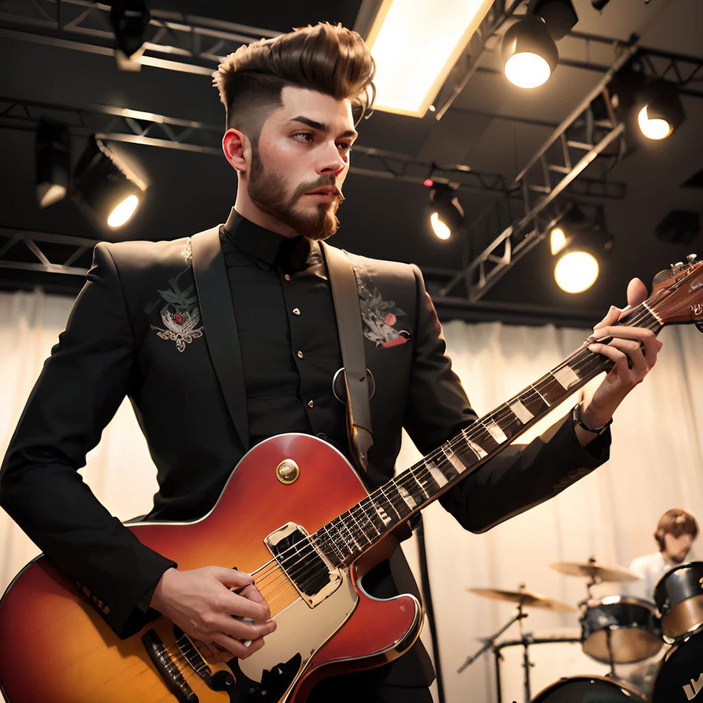 Tall slim man with a pompadour hairstyle and sideburns dressed like The Beatles playing the guitar in studio
