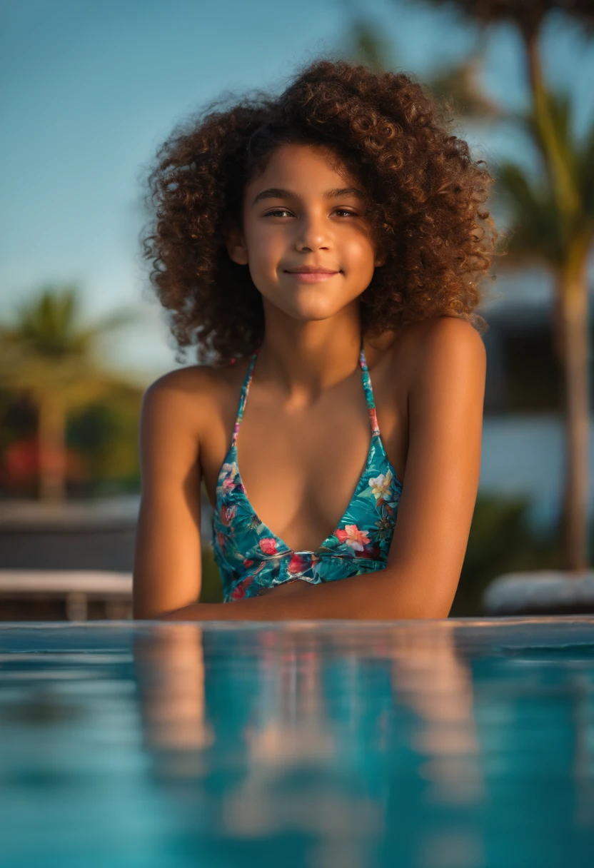 girl, curly hair in a low bun, she is mixed, medium skin tone, at a pool, sitting on a chair, in bikini