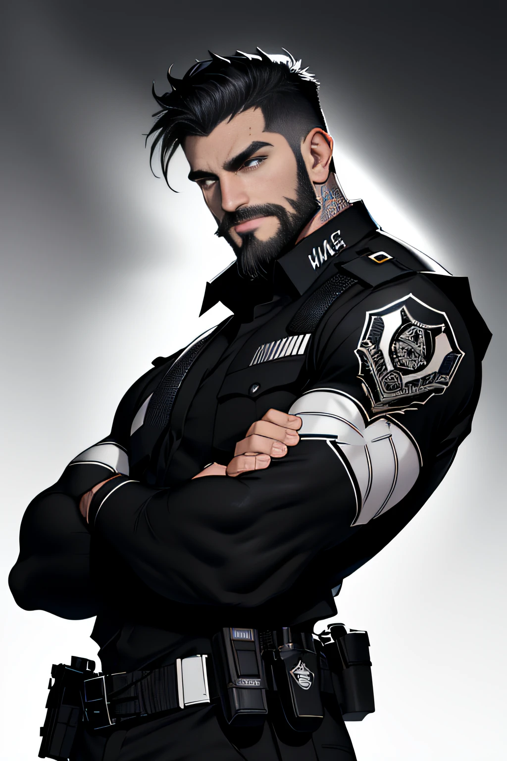 best quality, masterpiece, super high resolution, detailed background, realistic, illustration, single, 1 boy, man muscle, beard with chin with white threads, SWAT, street, muscle, facial hair, volumetric lighting, depth of field, panting for air, raised crotch, black clothes, (((black police uniform)) shirt, (arms crossed over chest and tattoo on left arm in black and white)