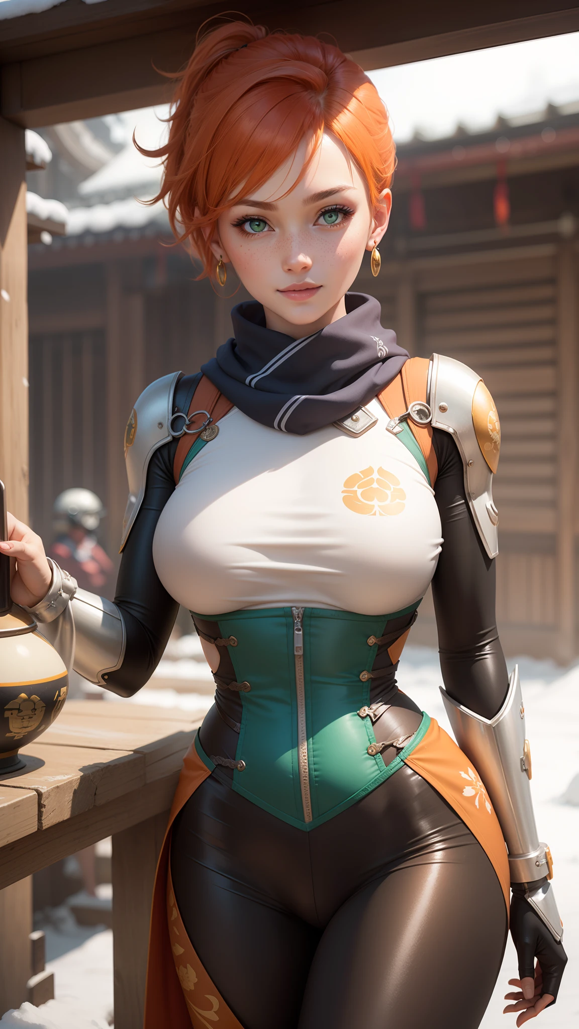 gwen tennyson,tracer,chun-li,rebecca chambers,overwatch,gundam,1girl,close up,mecha pilot,chinese garden,orange and gold dress,chinese hair pin,pirate corset,silver long sleeve lycra top,silver leggings,short hair,cute makeup,green eyes,orange and gold hair,shy smile, freckles,redhead,beautiful girl,large breasts,ultra detailed,realistic,fantasy art,chinese dress,chinese armor,snow scarf,feudal era,steel armor,earrings,