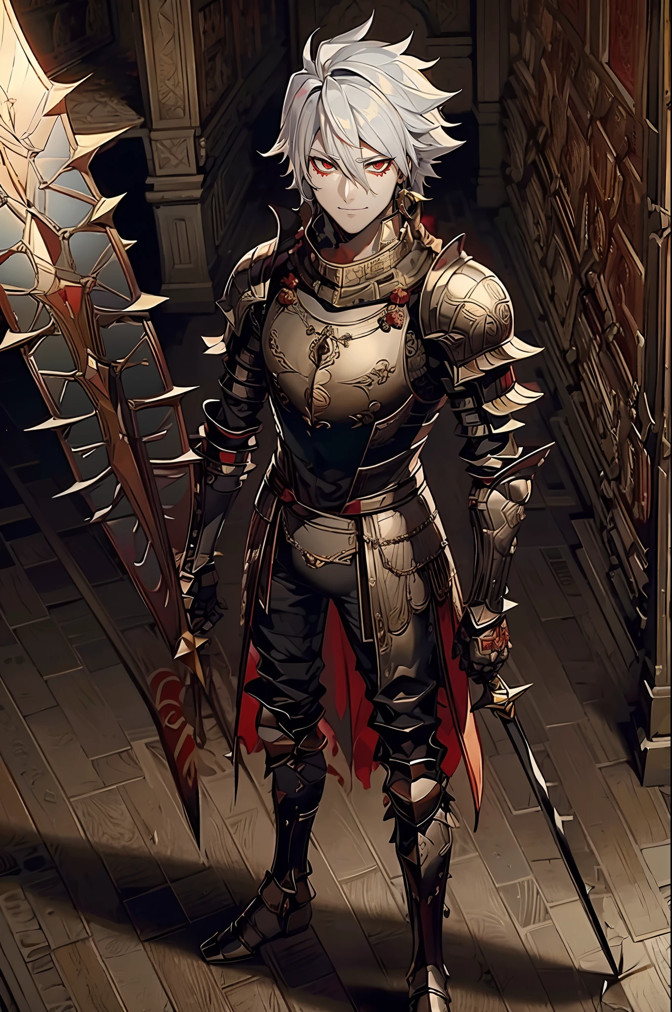 (best quality,highres),(1.37),karna,armored,knight,pants,red armor,standing,full body,sword holding,hetero chromacia,green and red eyes,silver hair,smile,smug,portraits,vivid colors,studio lighting, cape, scarf, armored pants,medieval armor