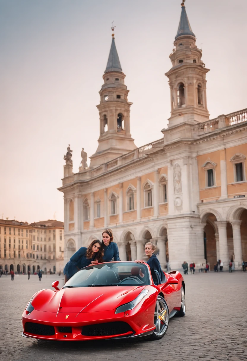 A photorealistic image of the latest Ferrari model with two women as testimonials and the Mole Antonelliana in Turin city, HD, hdu, 8k, 4k