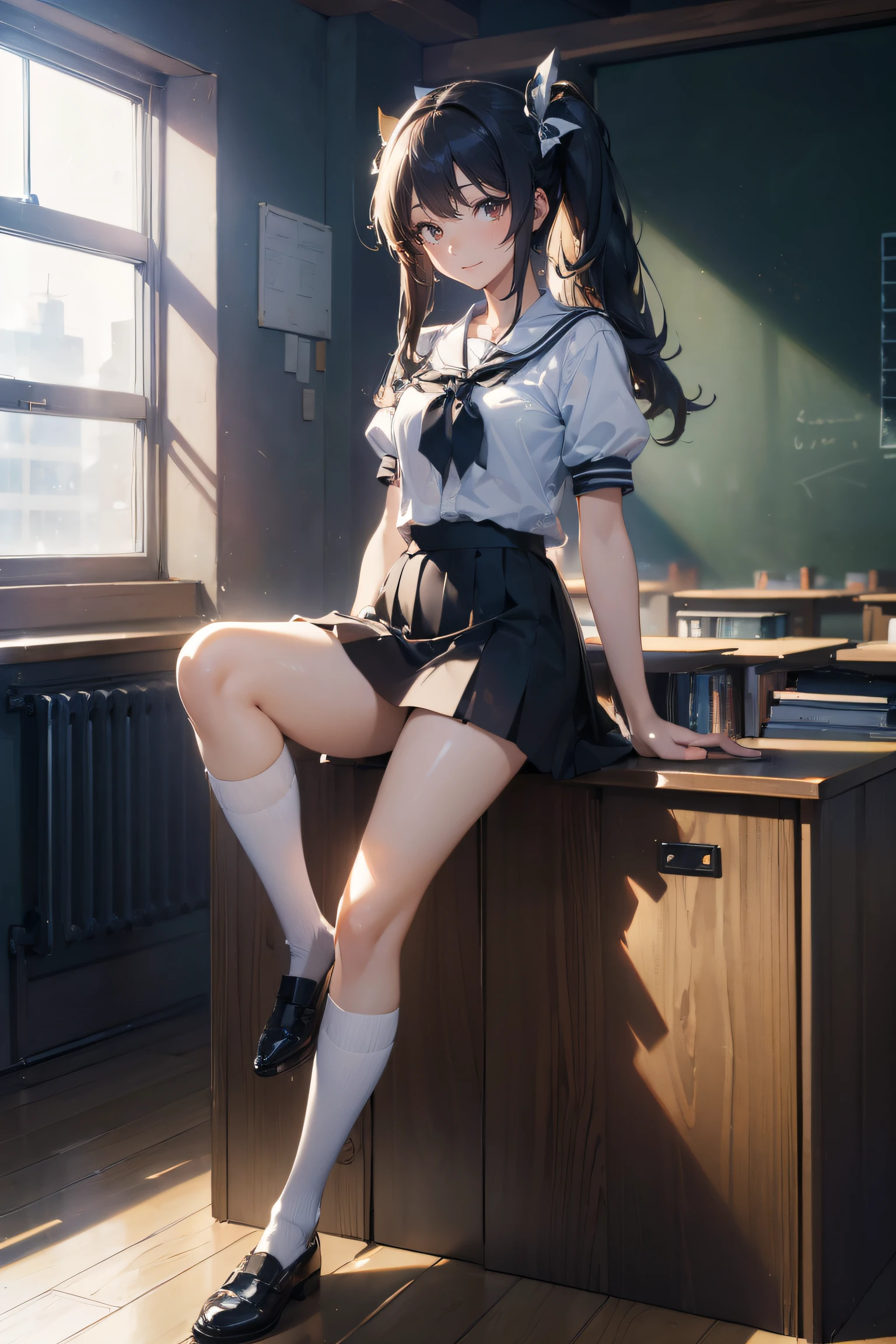 ((Masterpiece)), ((Best quality)), ((A high resolution)), ((Extremely detailed Cg Unity 8K wallpaper)), Solo, tachibana kanade, Black skirt, White socks, Small smile, Classroom