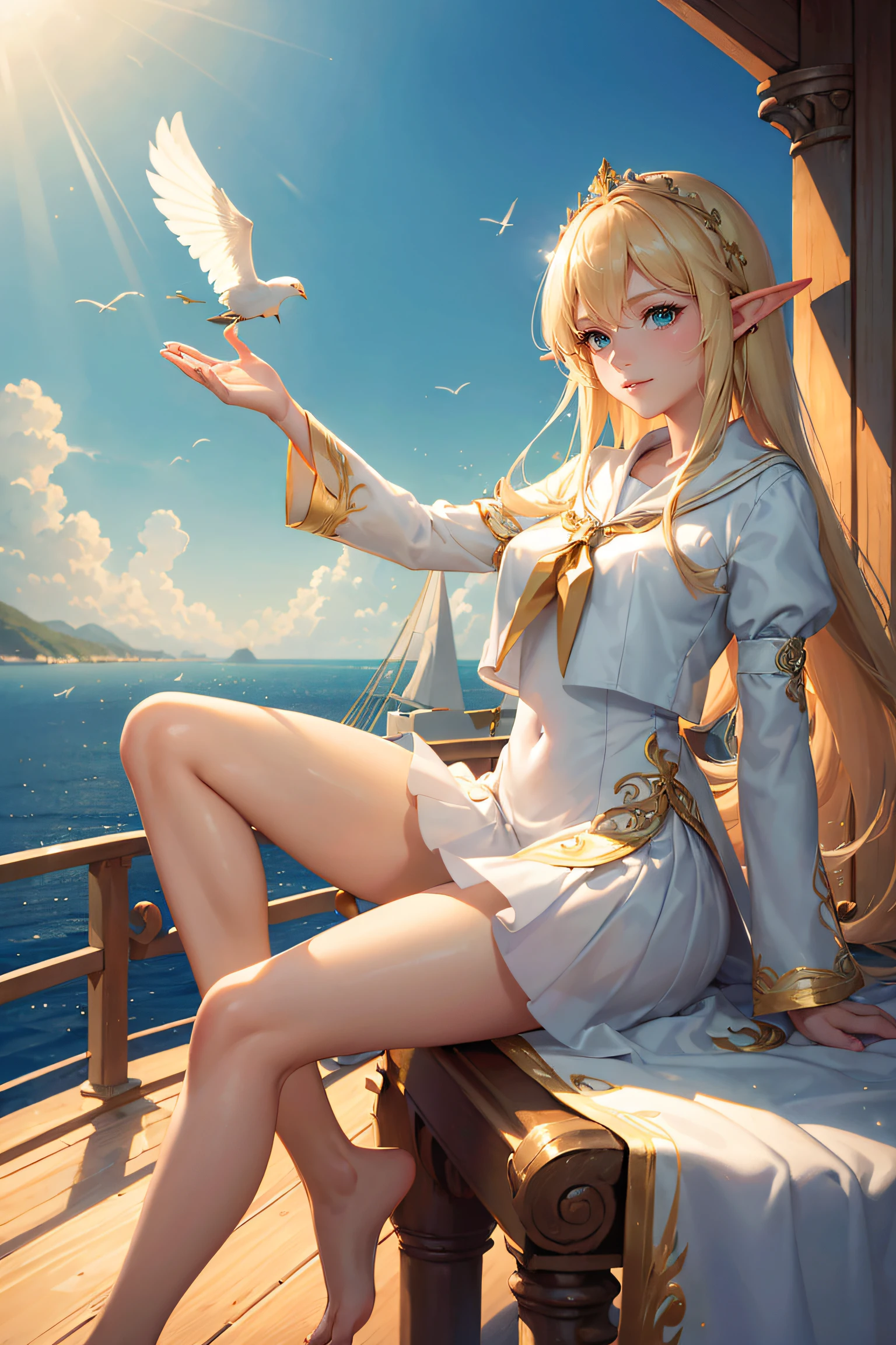 (((Masterpiece, Highest quality, High definition, High detail)))), ((((fantasy))), One, (elf woman)))), (Short white dress,gold embroidery), (Blonde hair with long straight hair), (Shiny dark green eyes), (White ruffled blouse,gold embroidery), , (((On the deck of a sailing ship at sea)), (Vast sea))), (The firmament of visible clouds)), (( Seagulls fly in the sky)), Smile, (breeze), Particles of light fly