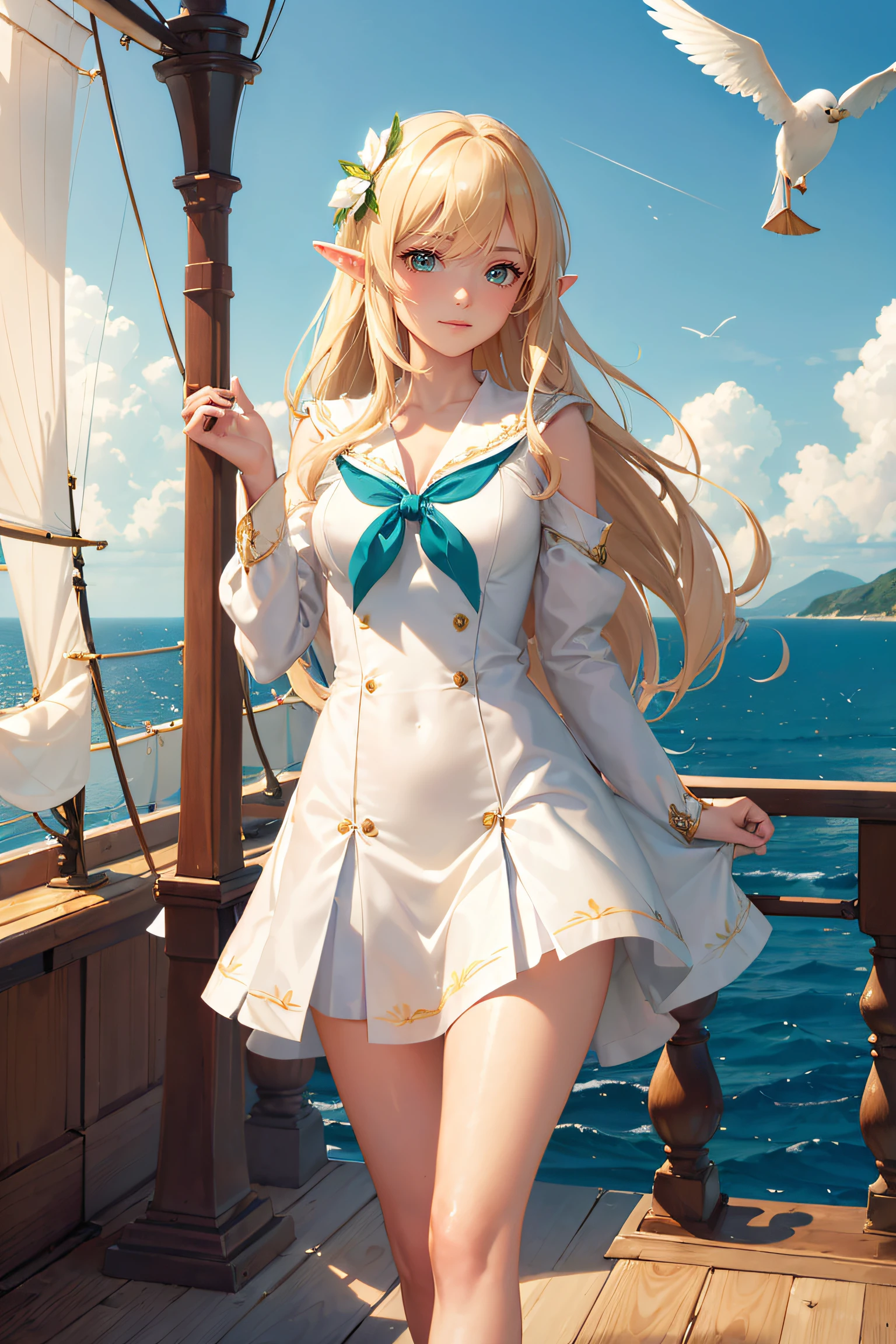 (((Masterpiece, Highest quality, High definition, High detail)))), ((((fantasy))), One, (elf woman)))), (Short white dress,gold embroidery), (Blonde hair with long straight hair), (Shiny dark green eyes), (White ruffled blouse,gold embroidery), , (((On the deck of a sailing ship at sea)), (Vast sea))), (The firmament of visible clouds)), (( Seagulls fly in the sky)), Smile, (breeze), Particles of light fly