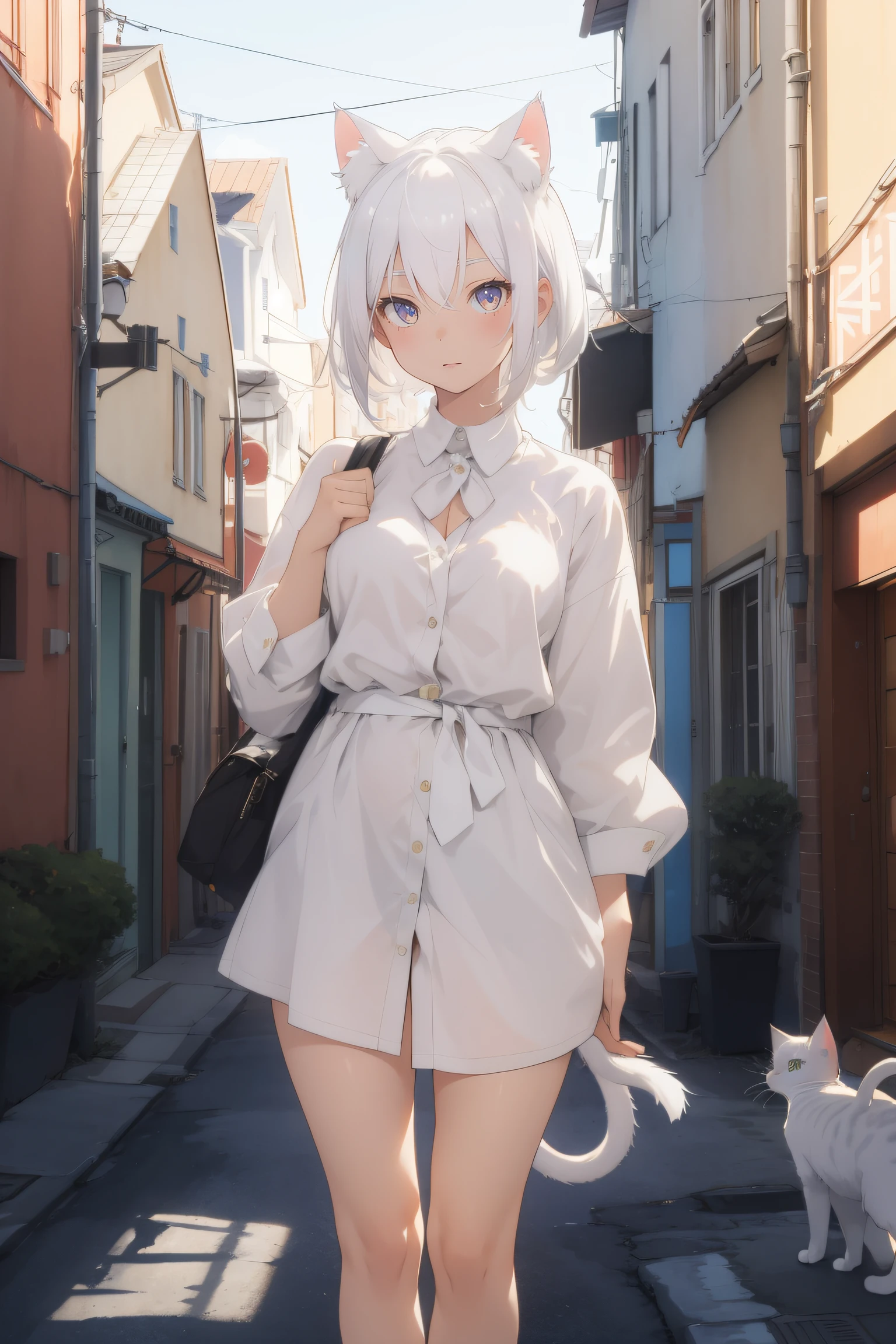 1girll, Ebenya, view the viewer, White hair, neko, Cat ears, Cat tail, White shirt, Open clothes, russian city, ba-shiroko