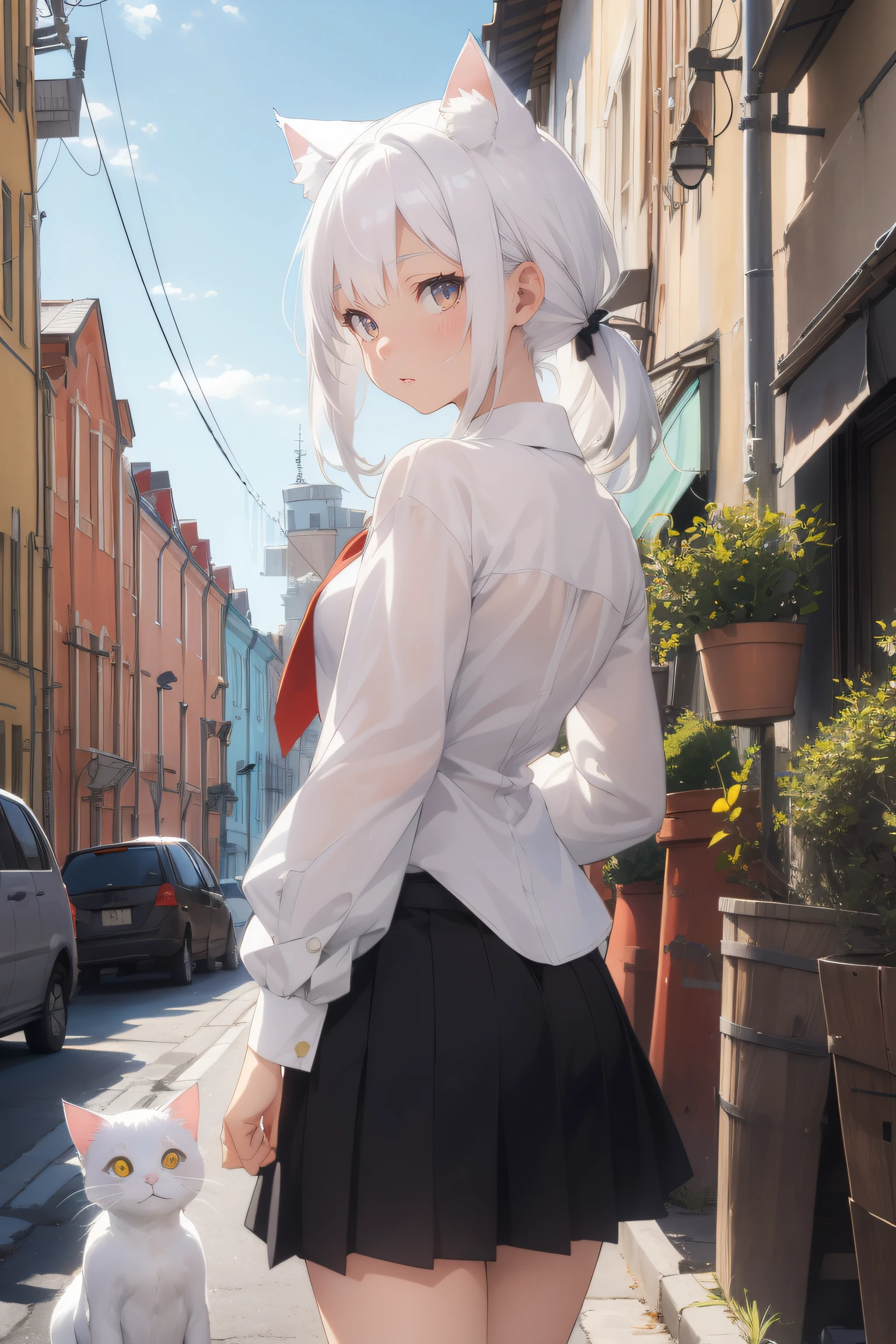 1girll, Ebenya, view the viewer, White hair, neko, Cat ears, Cat tail, White shirt, Open clothes, russian city, ba-shiroko