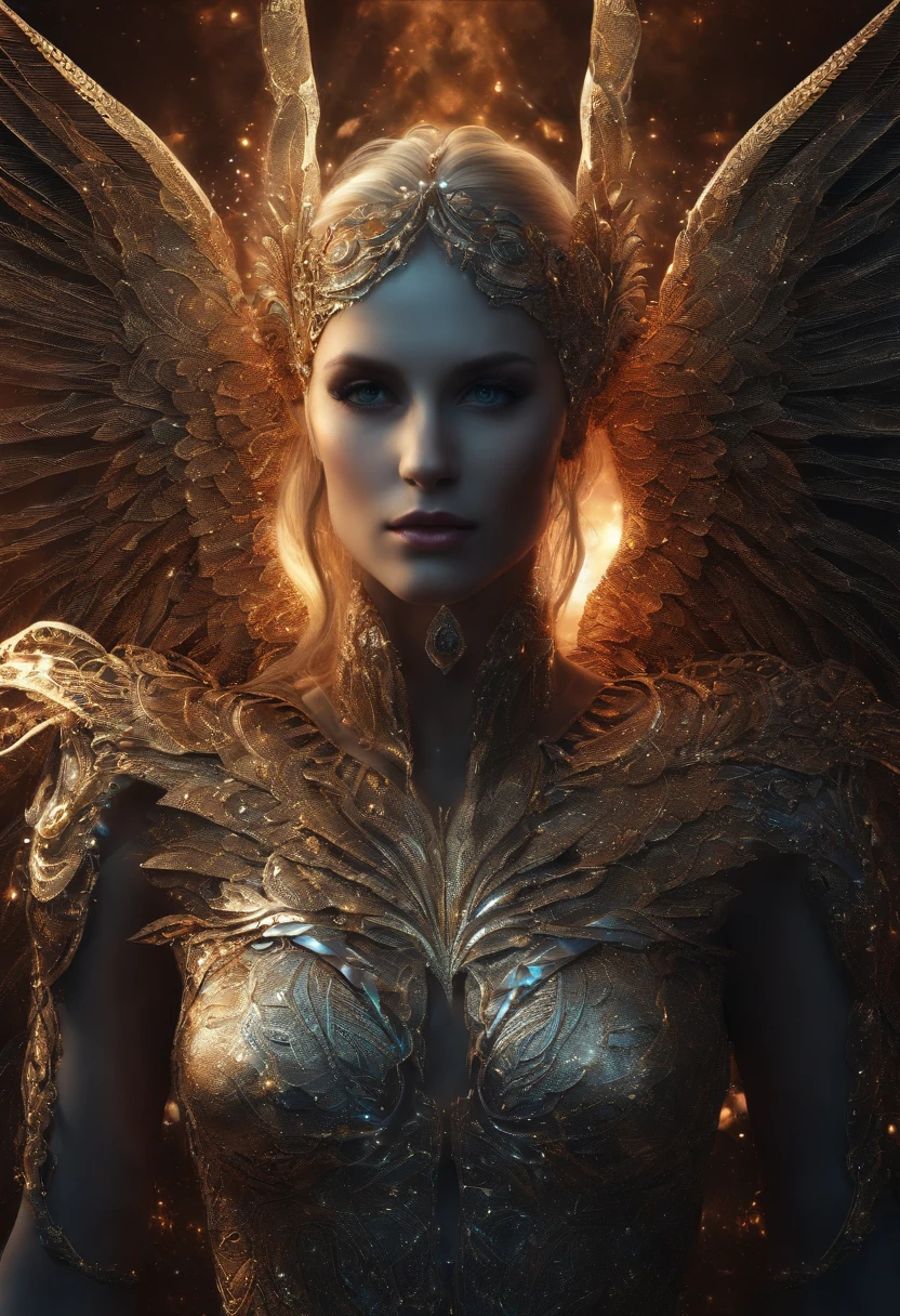 Cosmic Fallen Angel, Ojos claros y brillantes, biomech, misterioso, horripilante, Pesadilla, colores muy brillantes, light particles, con luz brillante, Mshiff, Arte de papel pintado, Fondo de pantalla UHD