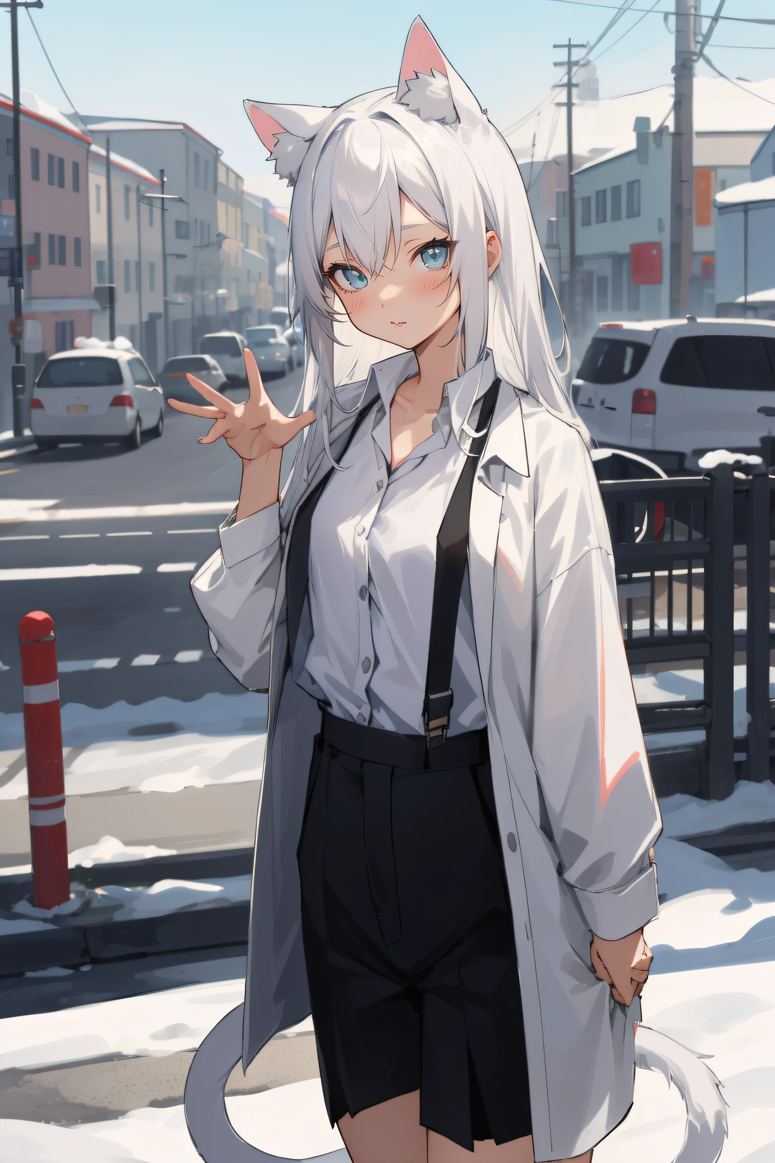 1girll, Ebenya, view the viewer, White hair, neko, Cat ears, Cat tail, White shirt, Open clothes, russian city, ba-shiroko