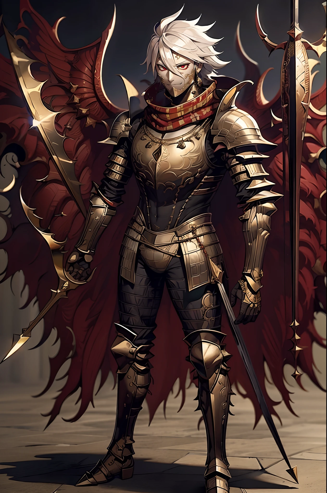 (best quality,highres),(1.37),karna,armored,knight,pants,red armor,standing,full body,sword holding,hetero chromacia,green and red eyes,silver hair,smile,smug,portraits,vivid colors,studio lighting, cape, scarf, armored pants,medieval armor, great sword holding, solo focus, knight prepared to fight